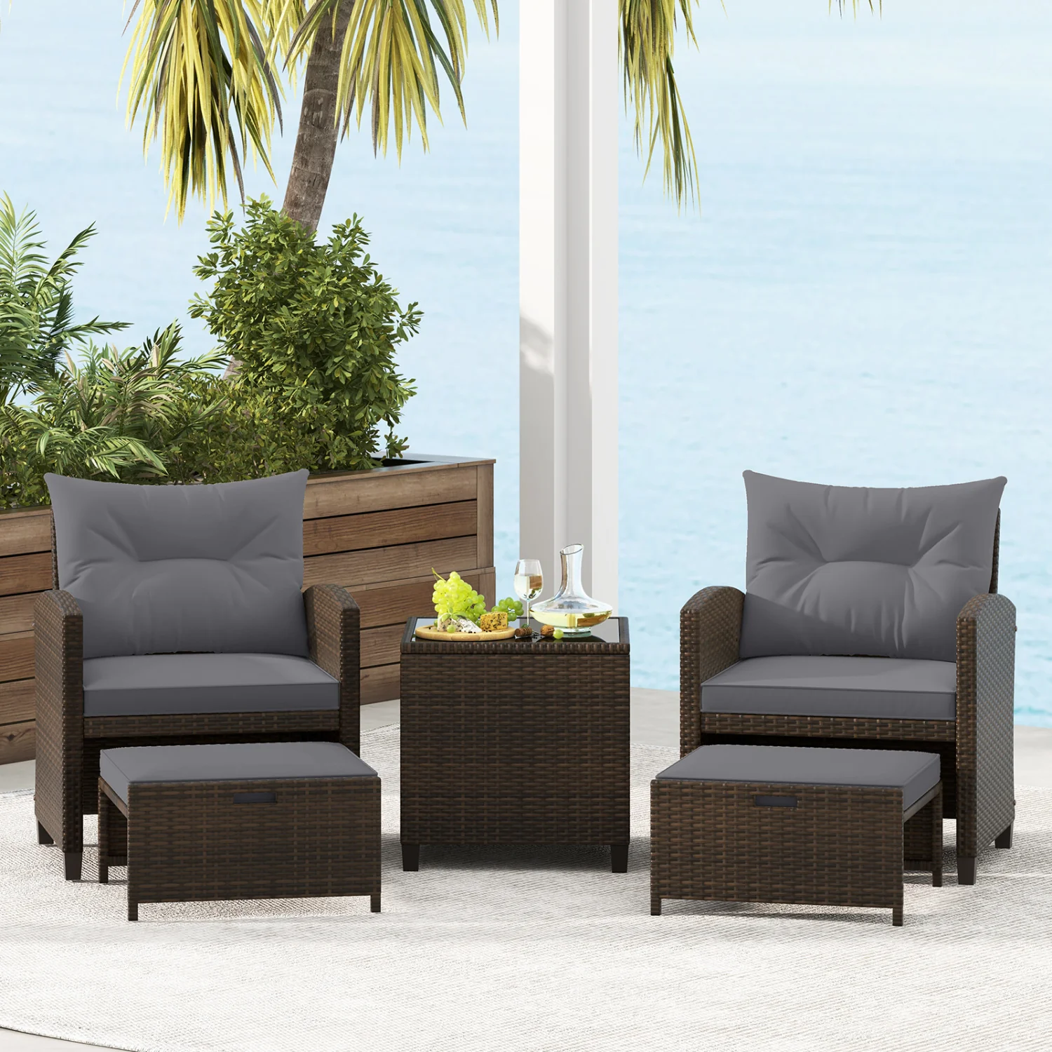5 Pieces Patio Rattan Furniture with 2 Ottomans and Tempered Glass Coffee Table, Gray - Image 7