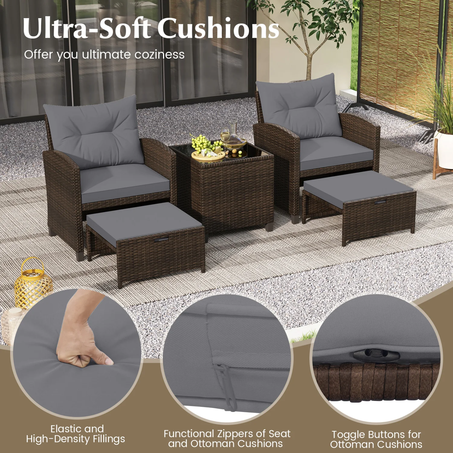 5 Pieces Patio Rattan Furniture with 2 Ottomans and Tempered Glass Coffee Table, Gray - Image 8