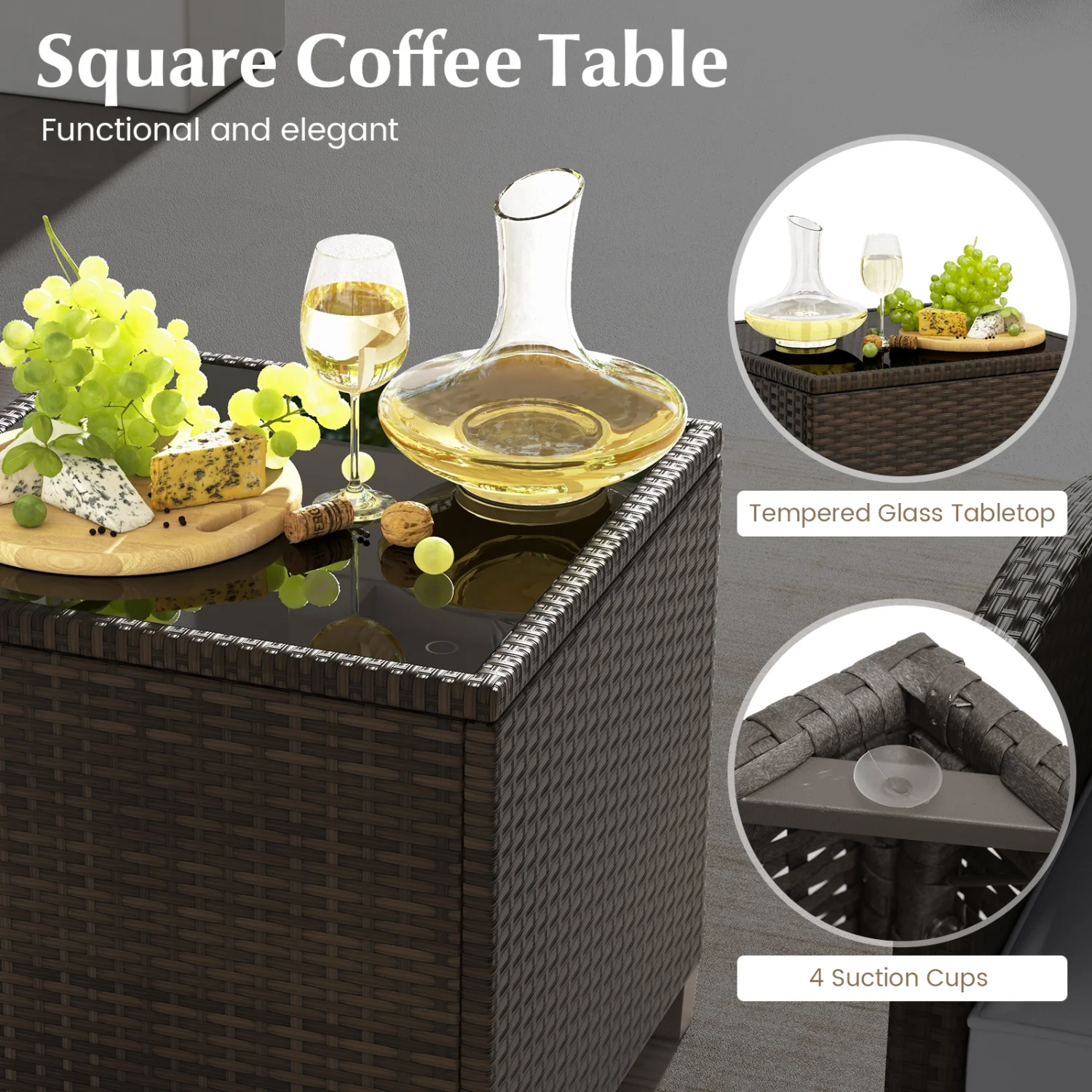5 Pieces Patio Rattan Furniture with 2 Ottomans and Tempered Glass Coffee Table, Gray - Image 9