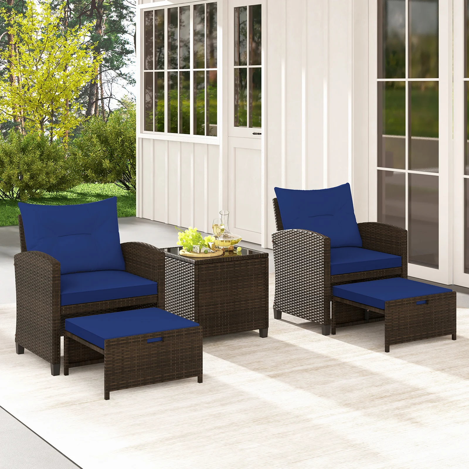 5 Pieces Patio Rattan Furniture with 2 Ottomans and Tempered Glass Coffee Table, Navy - Image 2