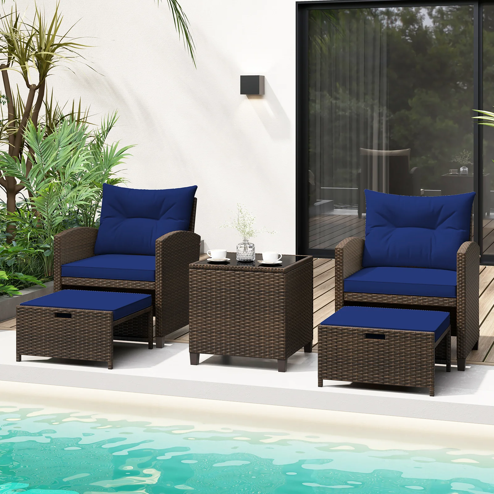 5 Pieces Patio Rattan Furniture with 2 Ottomans and Tempered Glass Coffee Table, Navy - Image 3