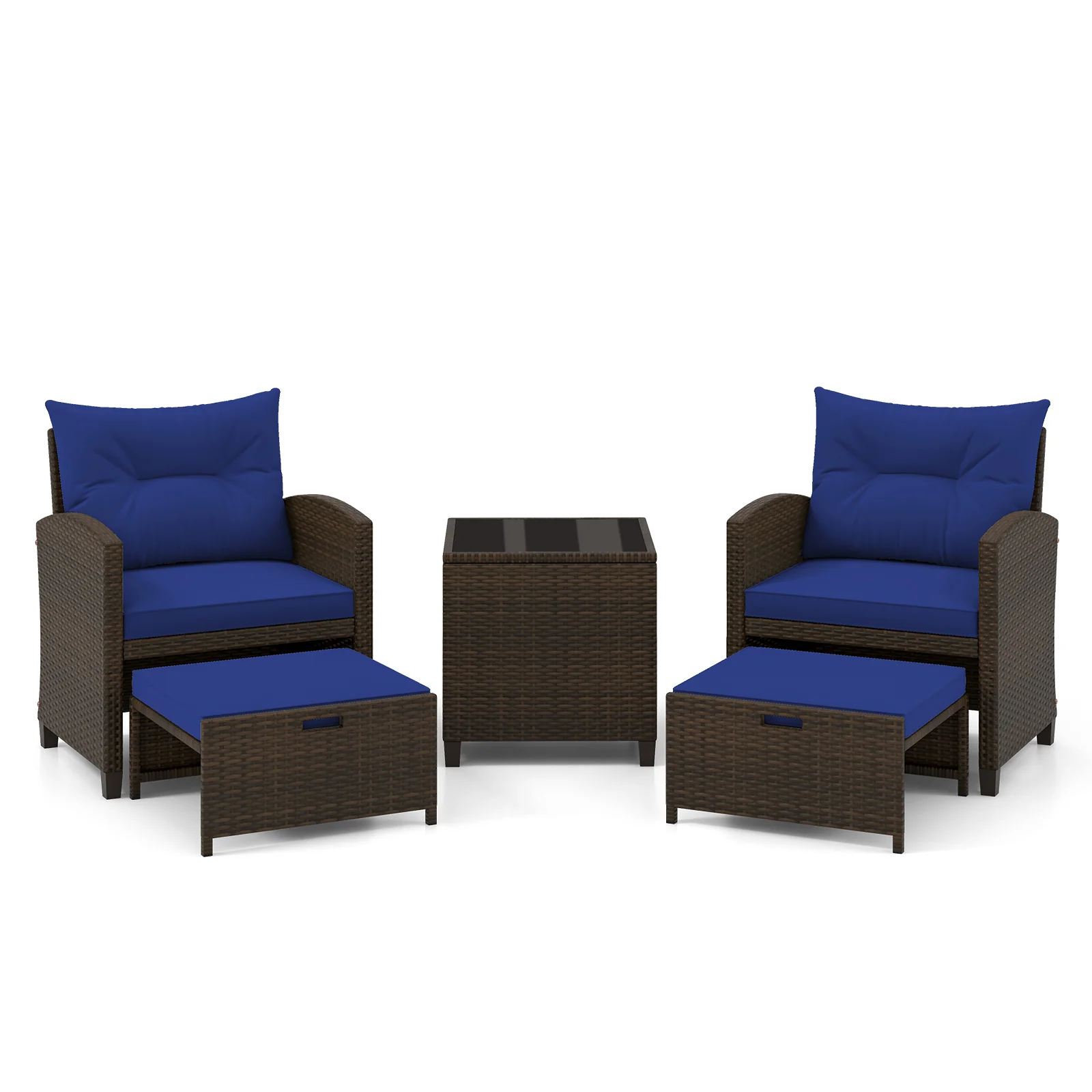 5 Pieces Patio Rattan Furniture with 2 Ottomans and Tempered Glass Coffee Table, Navy - Image 4