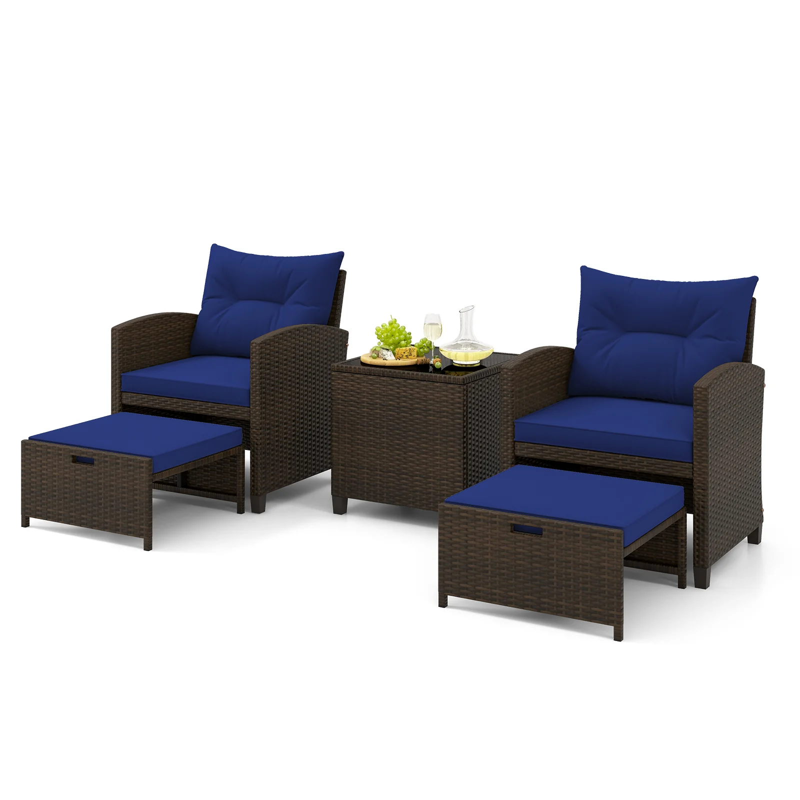 5 Pieces Patio Rattan Furniture with 2 Ottomans and Tempered Glass Coffee Table, Navy - Image 5