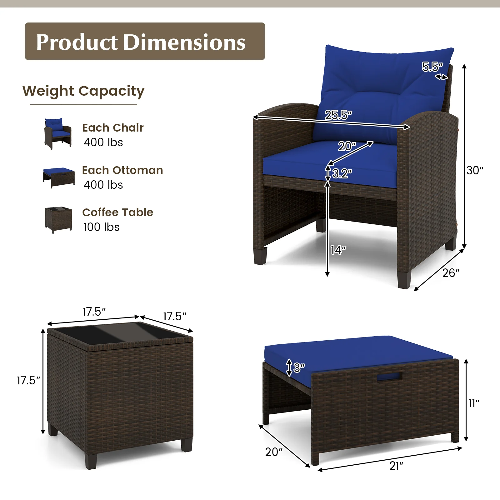5 Pieces Patio Rattan Furniture with 2 Ottomans and Tempered Glass Coffee Table, Navy - Image 6