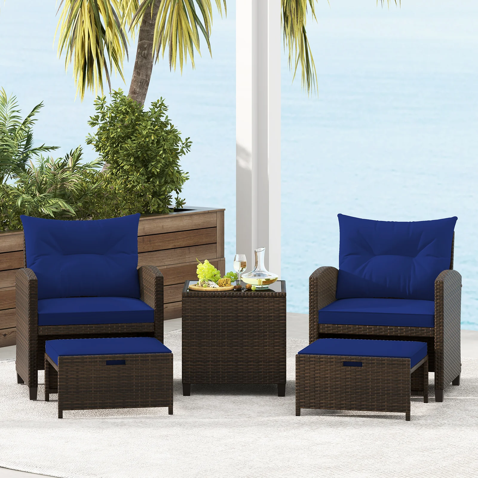 5 Pieces Patio Rattan Furniture with 2 Ottomans and Tempered Glass Coffee Table, Navy - Image 7