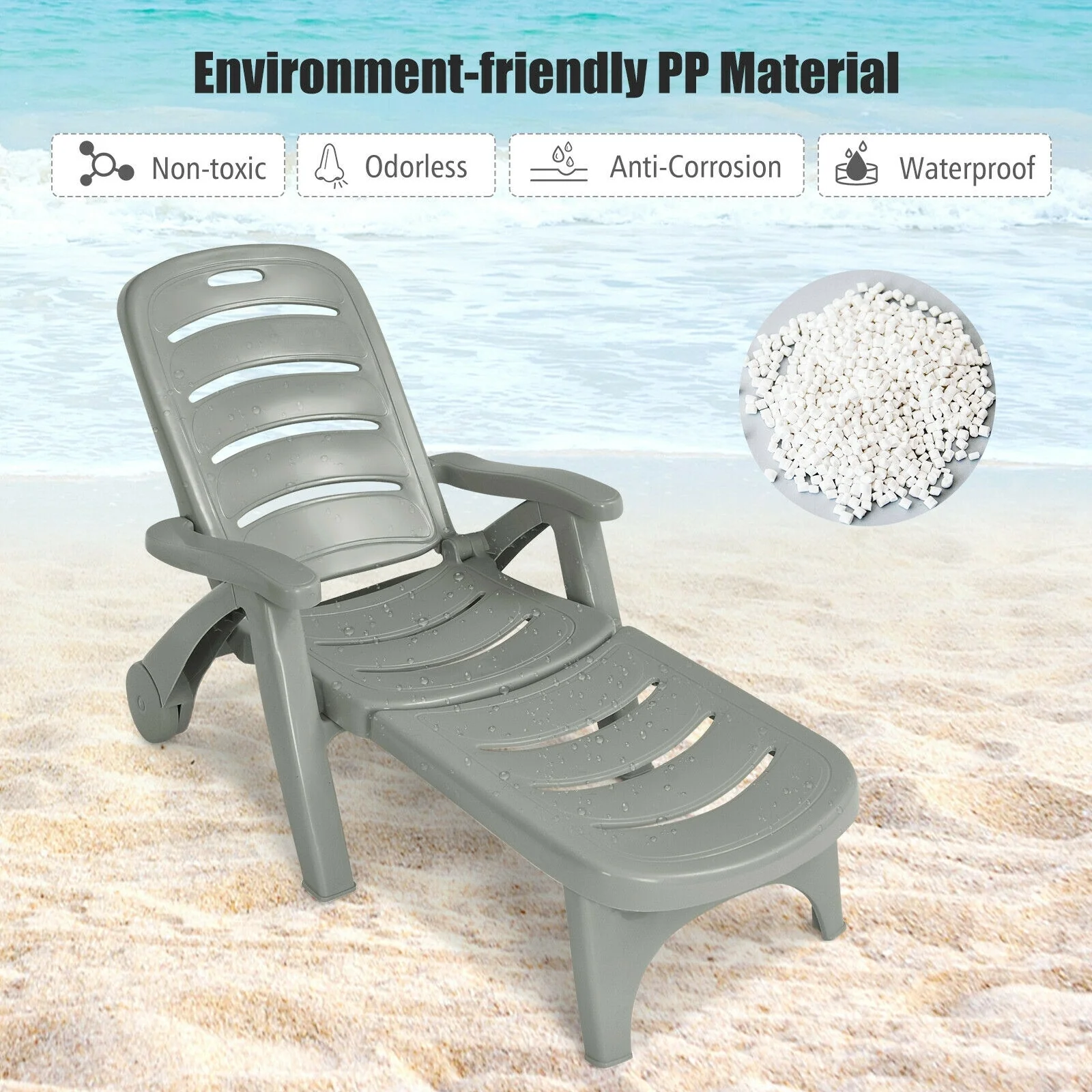 5 Position Adjustable Folding Lounger Chaise Chair, Gray - Image 10