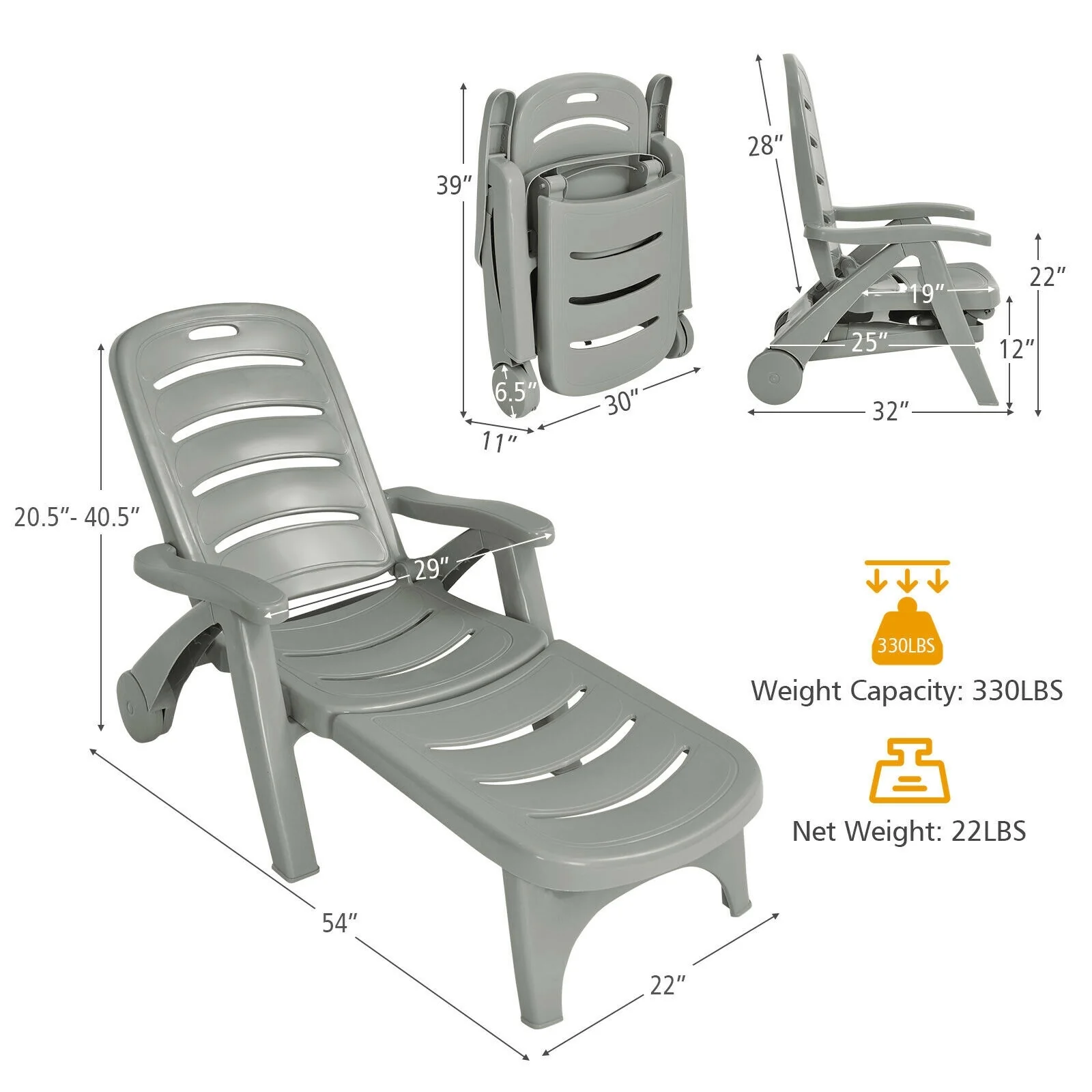 5 Position Adjustable Folding Lounger Chaise Chair, Gray - Image 5