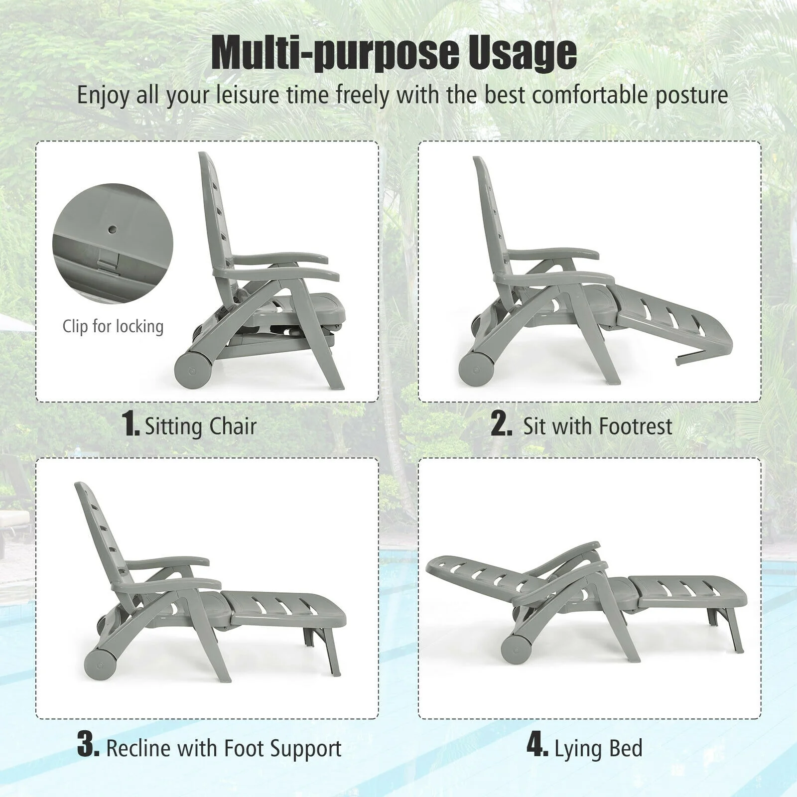 5 Position Adjustable Folding Lounger Chaise Chair, Gray - Image 7