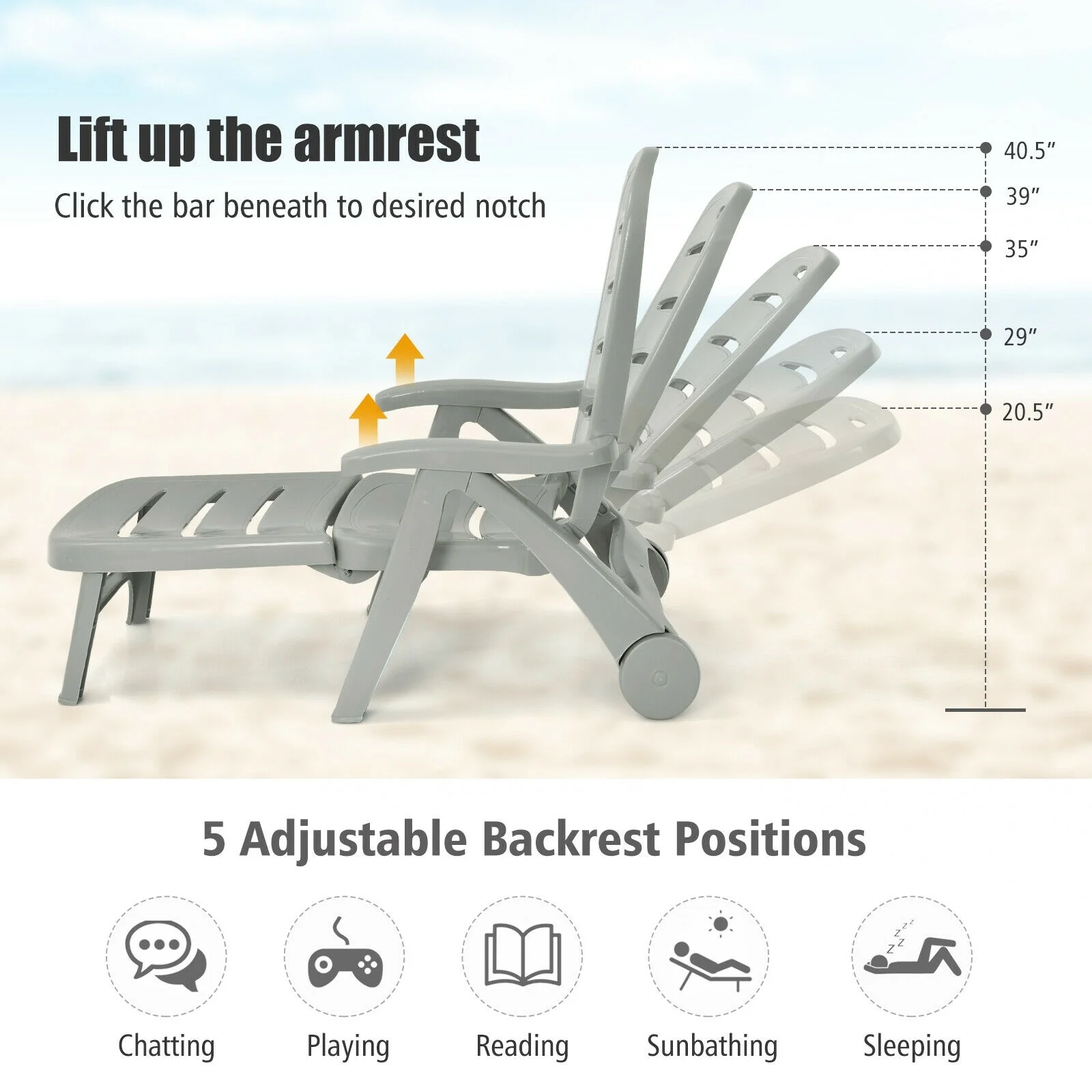 5 Position Adjustable Folding Lounger Chaise Chair, Gray - Image 8