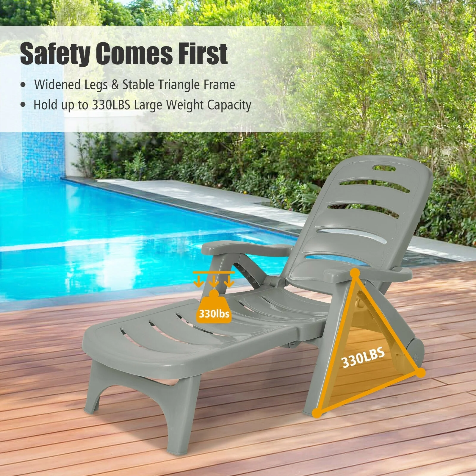 5 Position Adjustable Folding Lounger Chaise Chair, Gray - Image 9