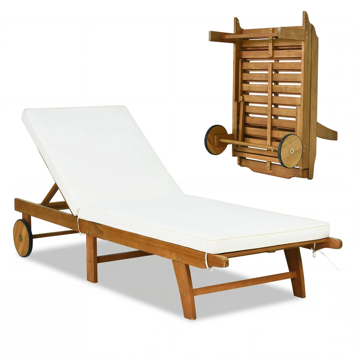 5-Position Adjustable Patio Chaise Lounge with Cushioned Comfort and Wheels, Natural & White