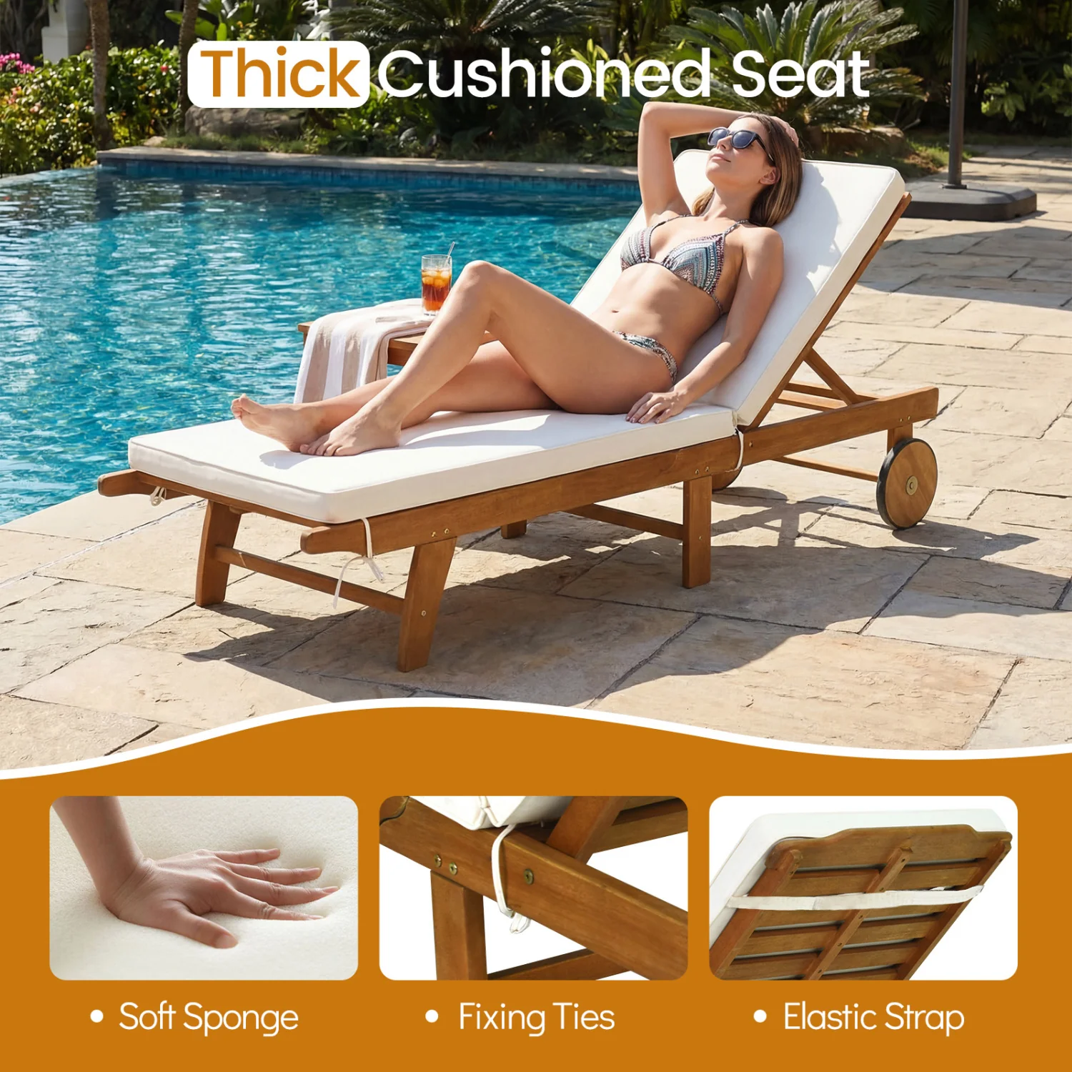 5-Position Adjustable Patio Chaise Lounge with Cushioned Comfort and Wheels, Natural & White - Image 7