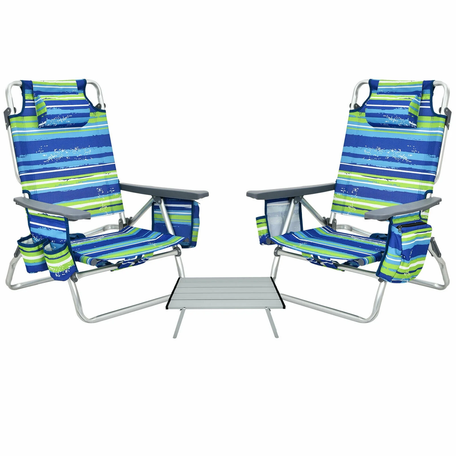 5-Position Folding Backpack Beach Table Chair Set, 2 Packs, Blue