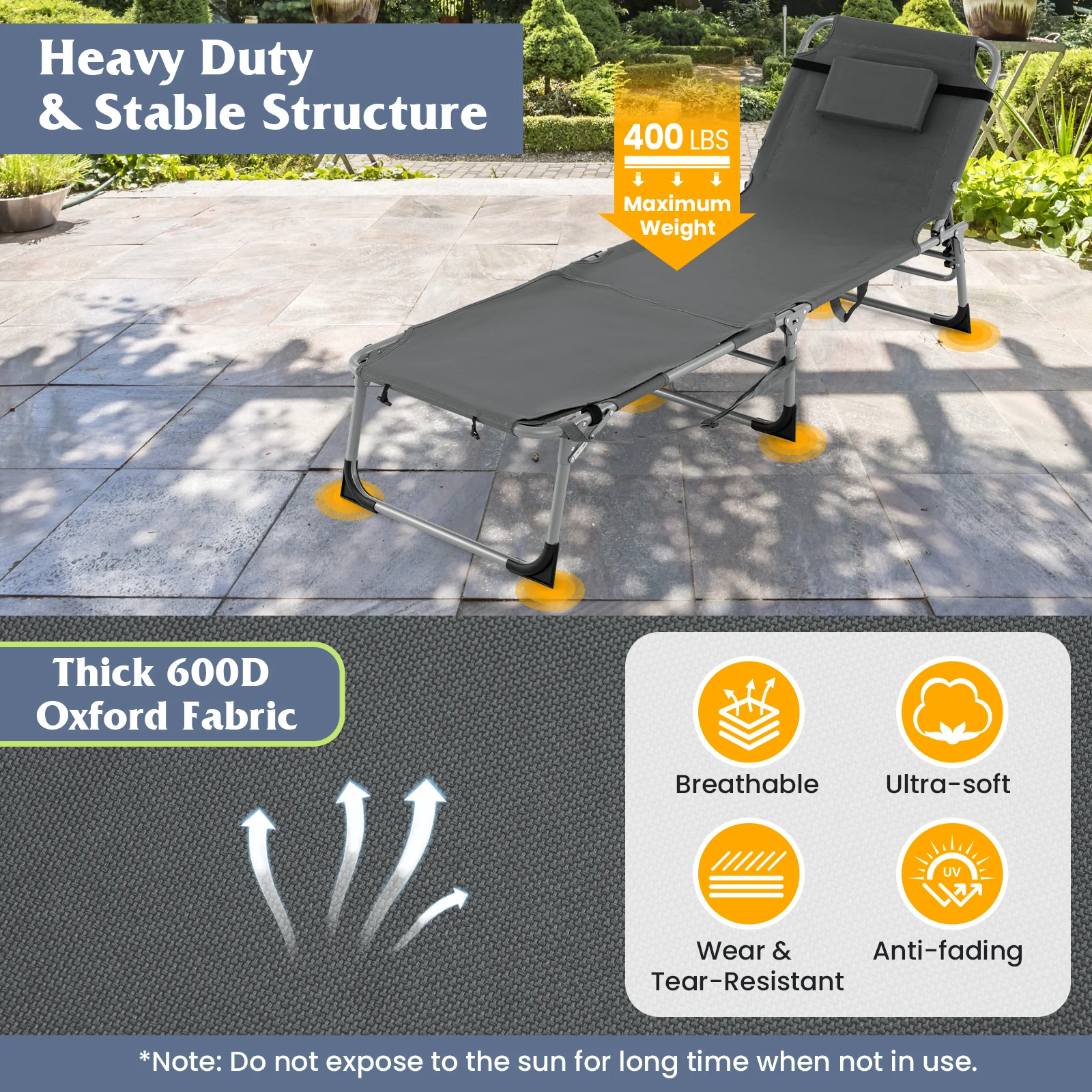 5-Position Outdoor Folding Chaise Lounge Chair, Gray - Image 10