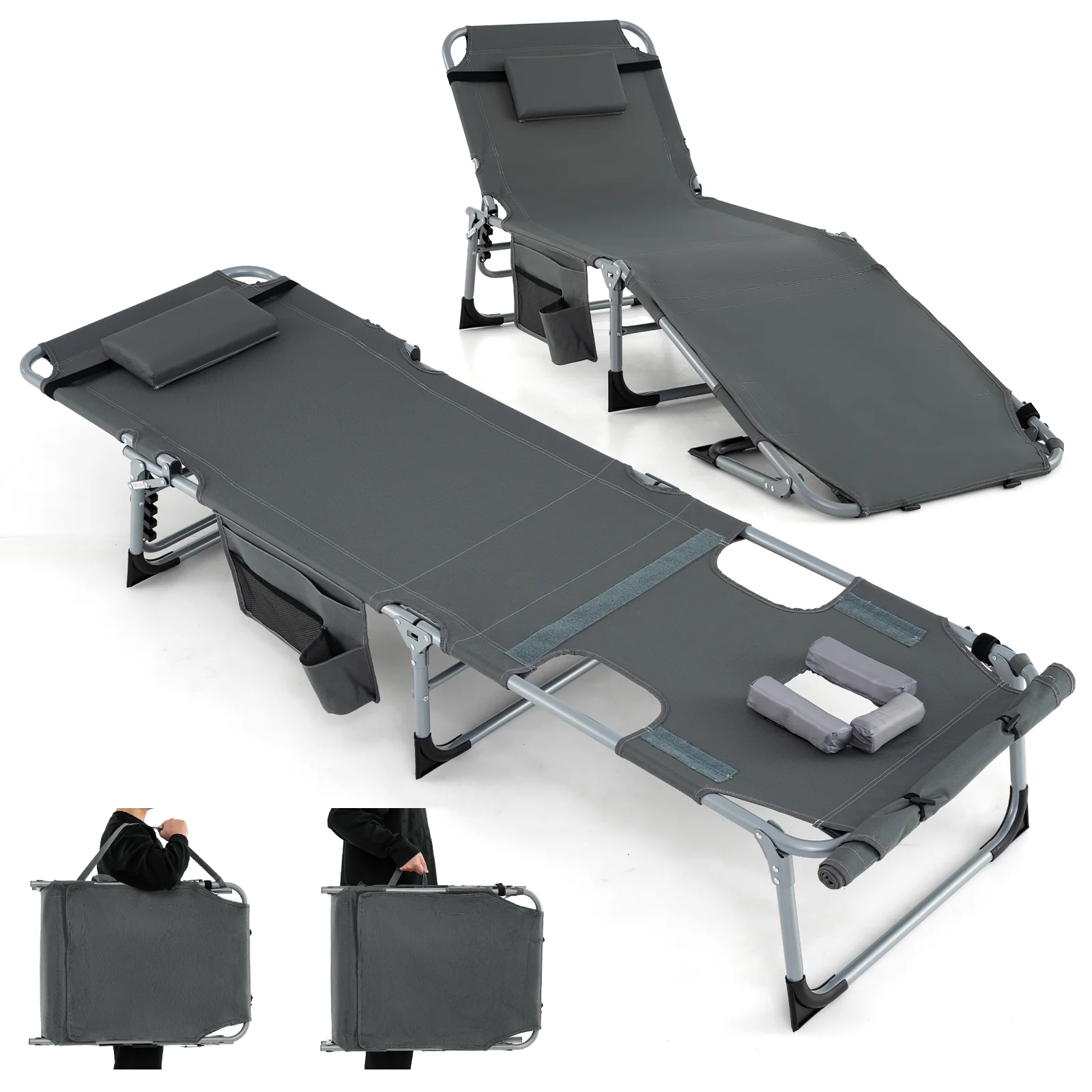 5-Position Outdoor Folding Chaise Lounge Chair, Gray - Image 4