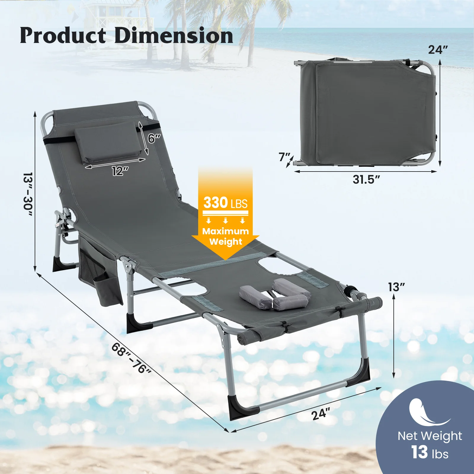 5-Position Outdoor Folding Chaise Lounge Chair, Gray - Image 5