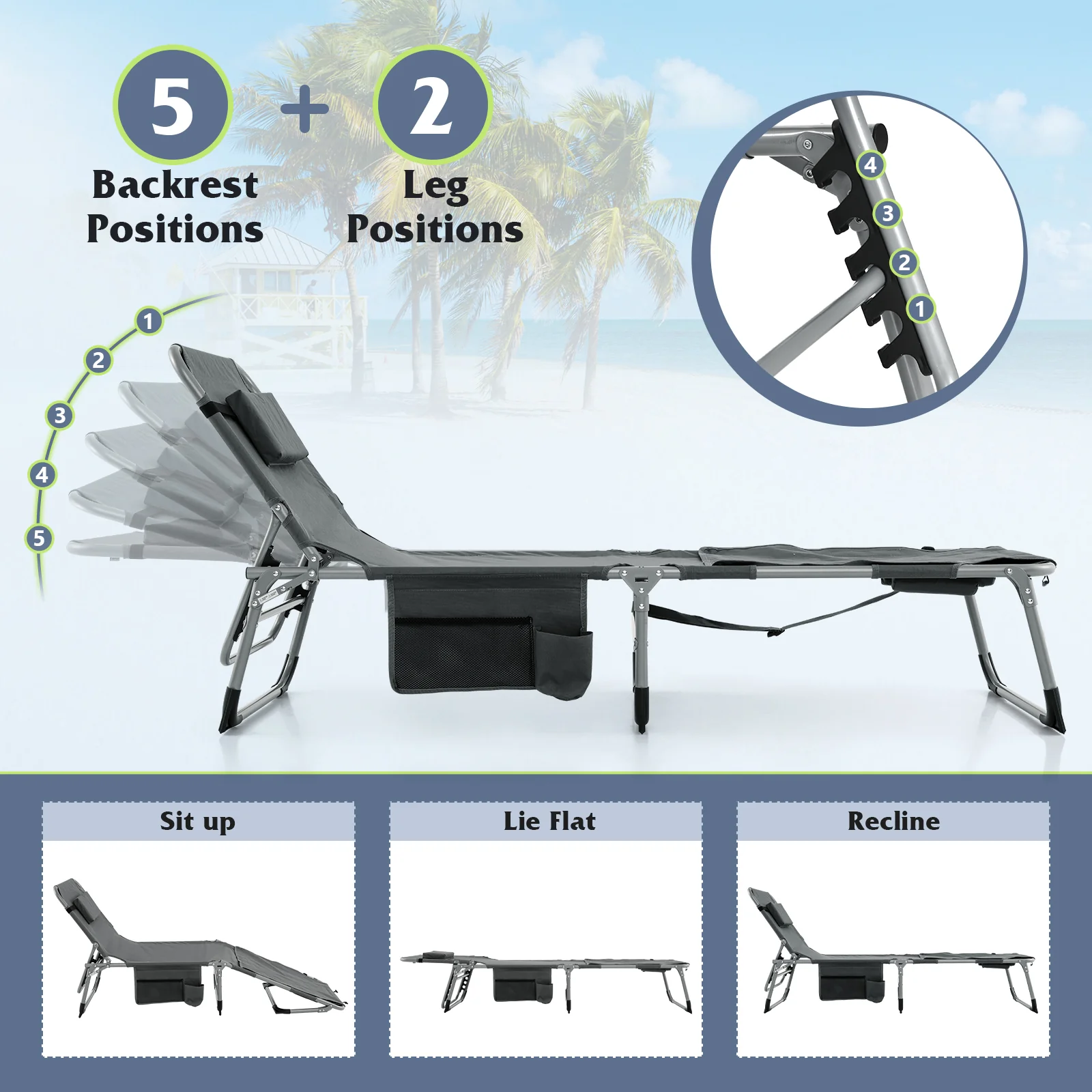 5-Position Outdoor Folding Chaise Lounge Chair, Gray - Image 6