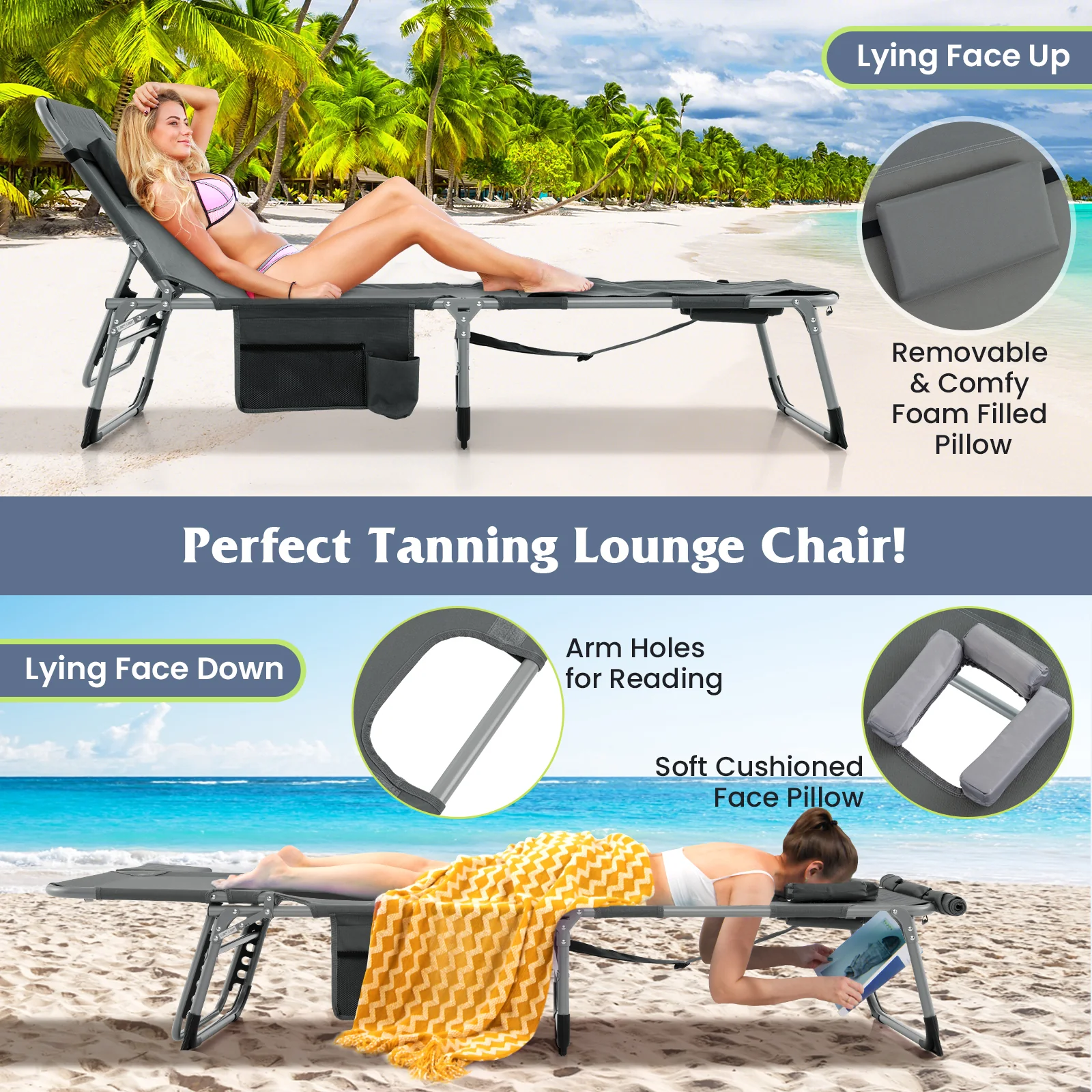 5-Position Outdoor Folding Chaise Lounge Chair, Gray - Image 7