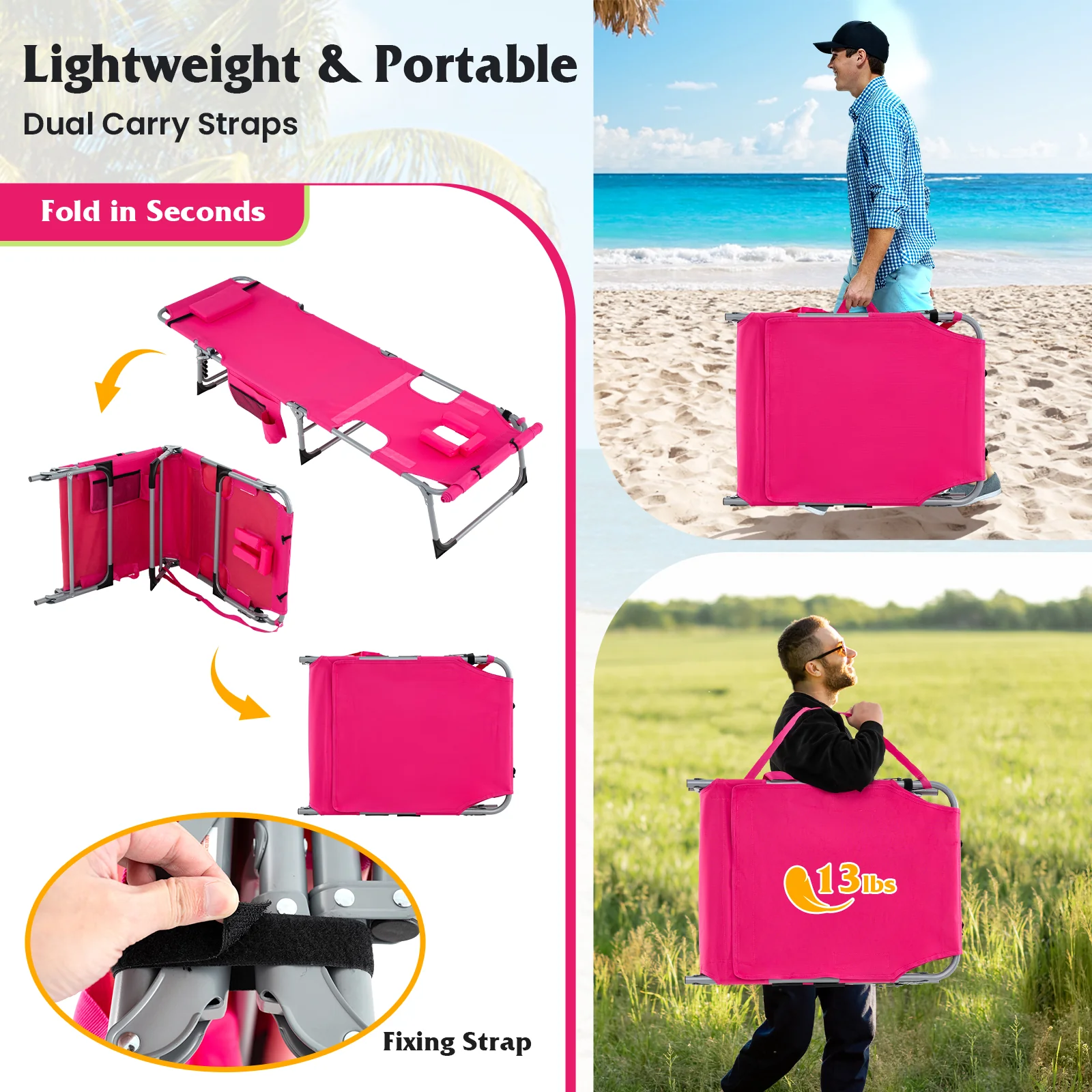 5-Position Outdoor Folding Chaise Lounge Chair, Pink - Image 10