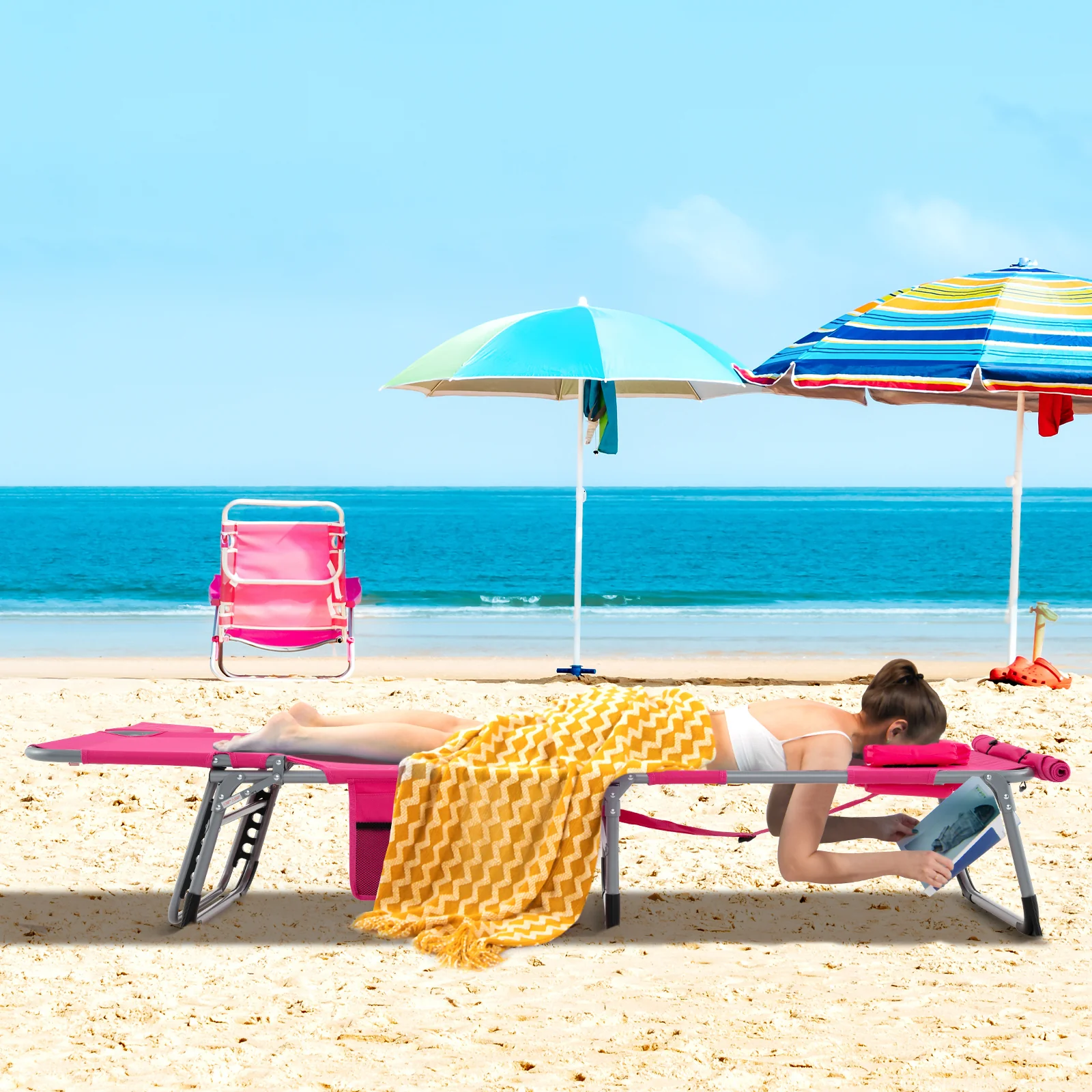 5-Position Outdoor Folding Chaise Lounge Chair, Pink - Image 2