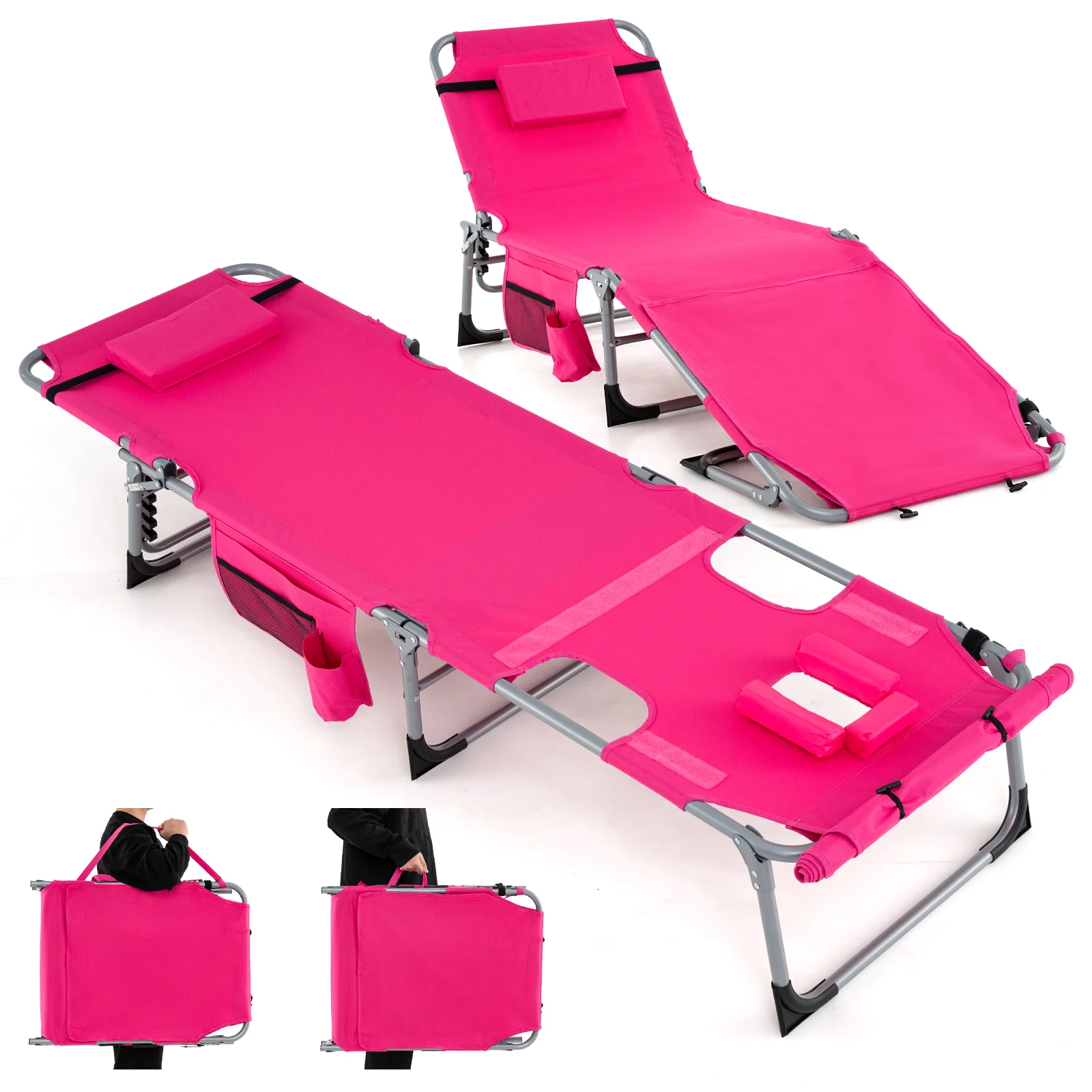 5-Position Outdoor Folding Chaise Lounge Chair, Pink - Image 4