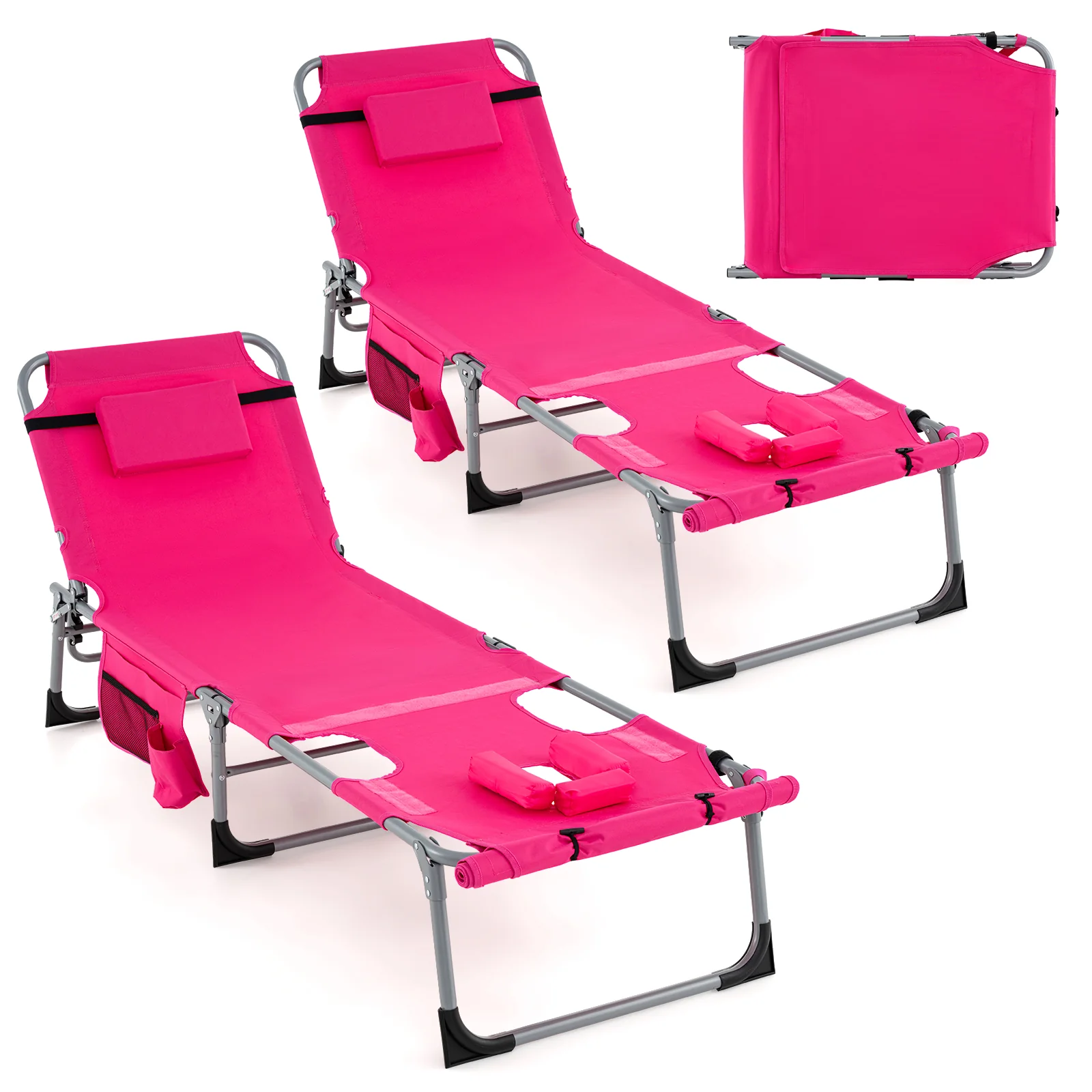 5-Position Outdoor Folding Chaise Lounge Chair, Pink - Image 5