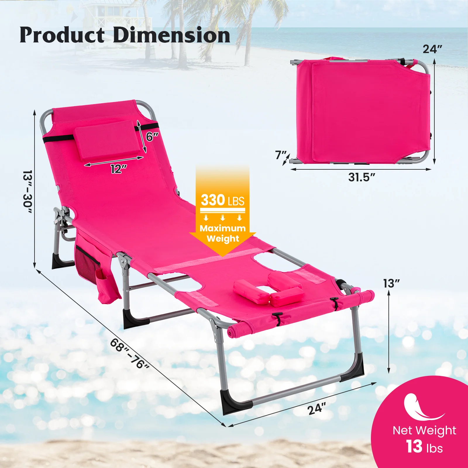 5-Position Outdoor Folding Chaise Lounge Chair, Pink - Image 6