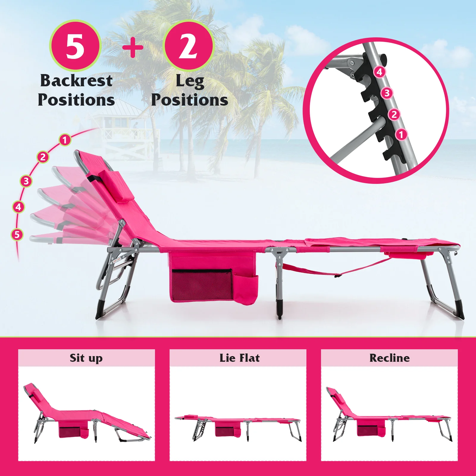 5-Position Outdoor Folding Chaise Lounge Chair, Pink - Image 7