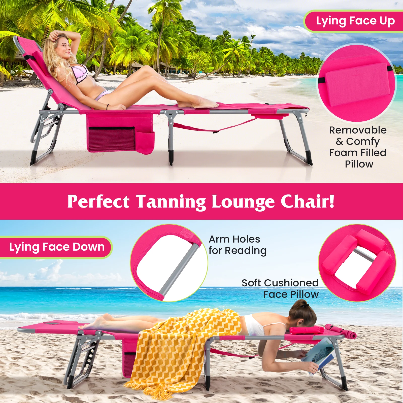 5-Position Outdoor Folding Chaise Lounge Chair, Pink - Image 8