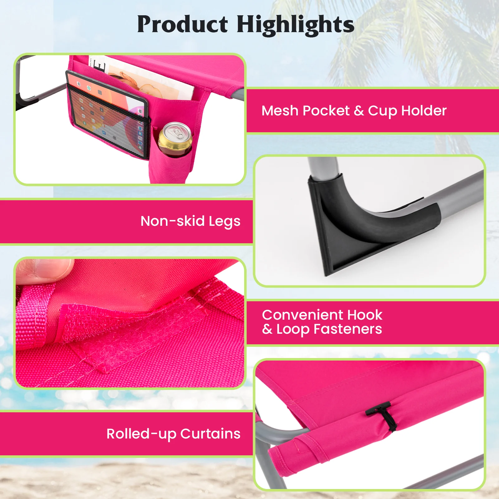 5-Position Outdoor Folding Chaise Lounge Chair, Pink - Image 9