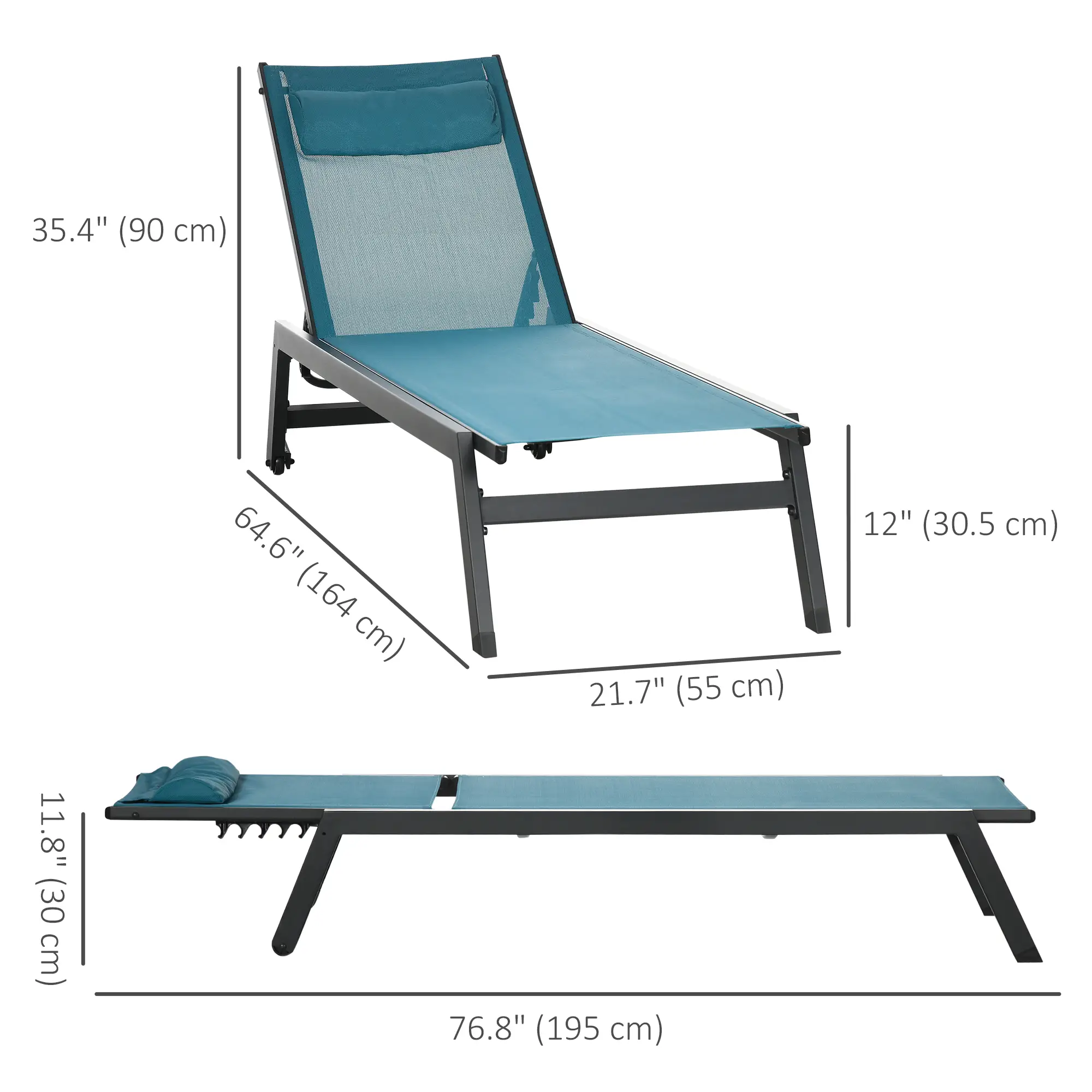 5-Position Tanning Chair With Wheels, Headrest, Aluminum Frame, Blue - Image 3