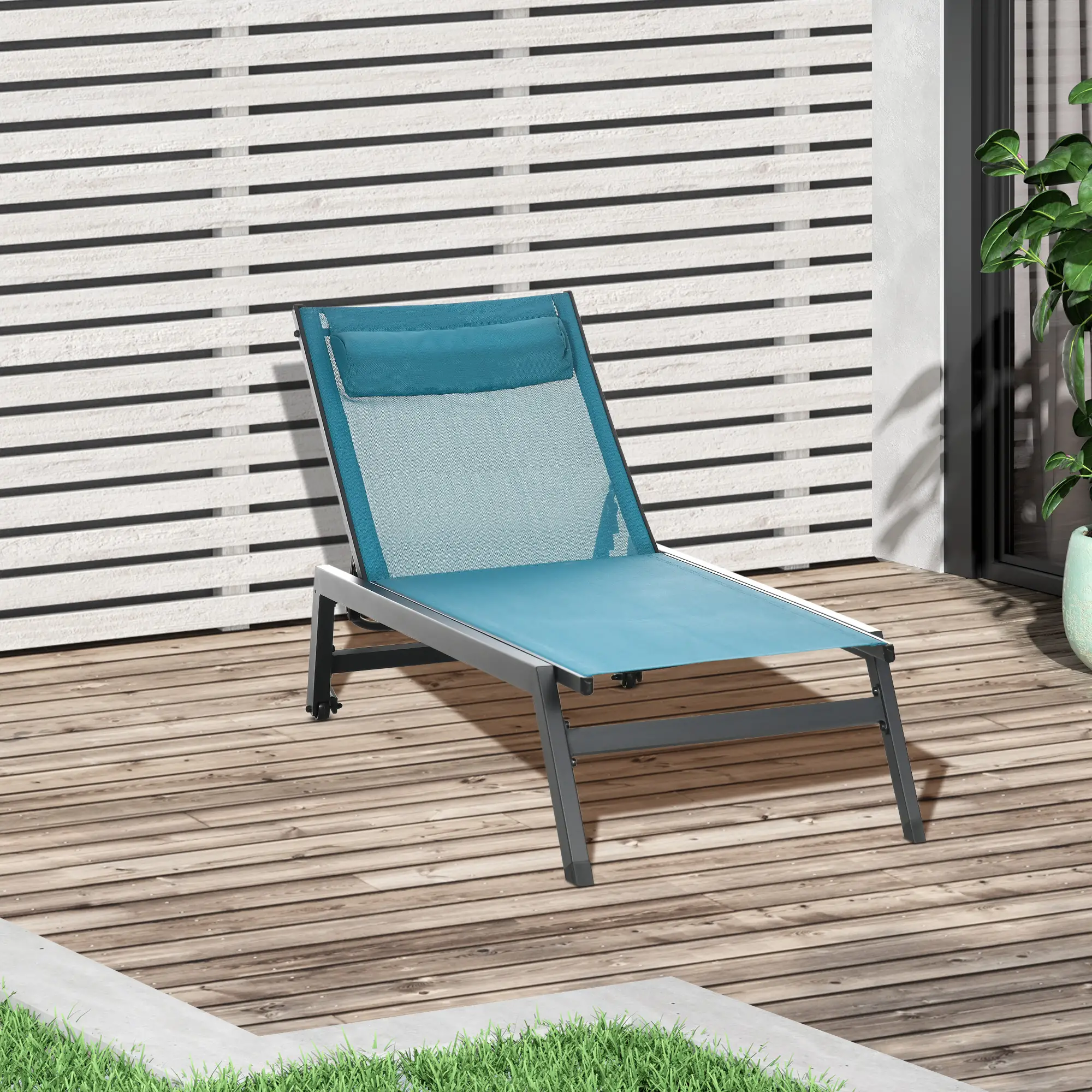 5-Position Tanning Chair With Wheels, Headrest, Aluminum Frame, Blue - Image 8