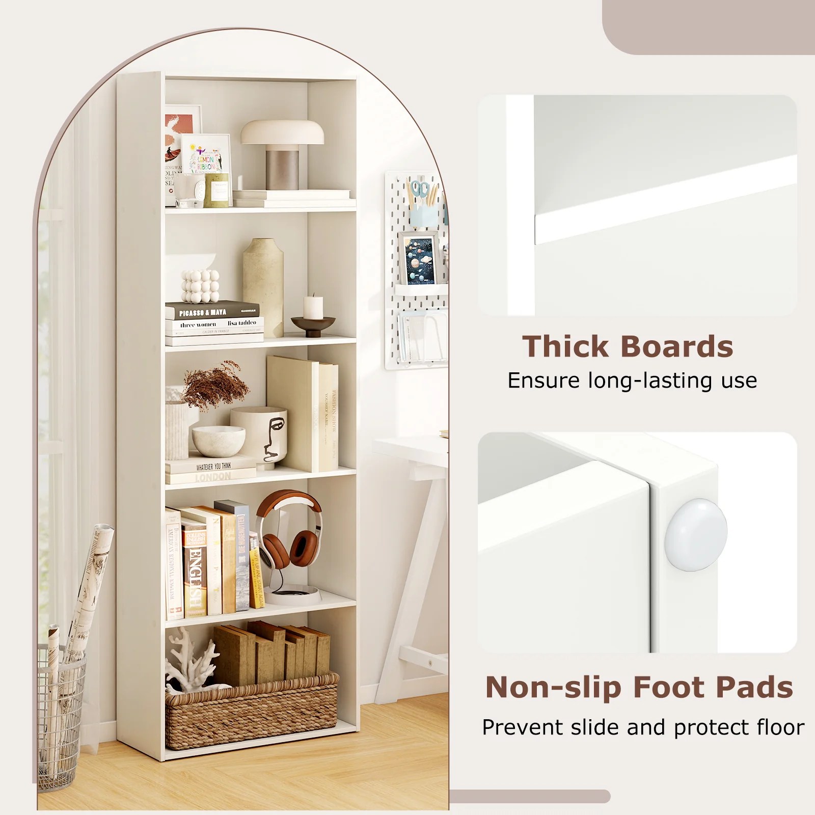 5-Shelf Storage Bookcase, Modern Display Cabinet, White - Image 10