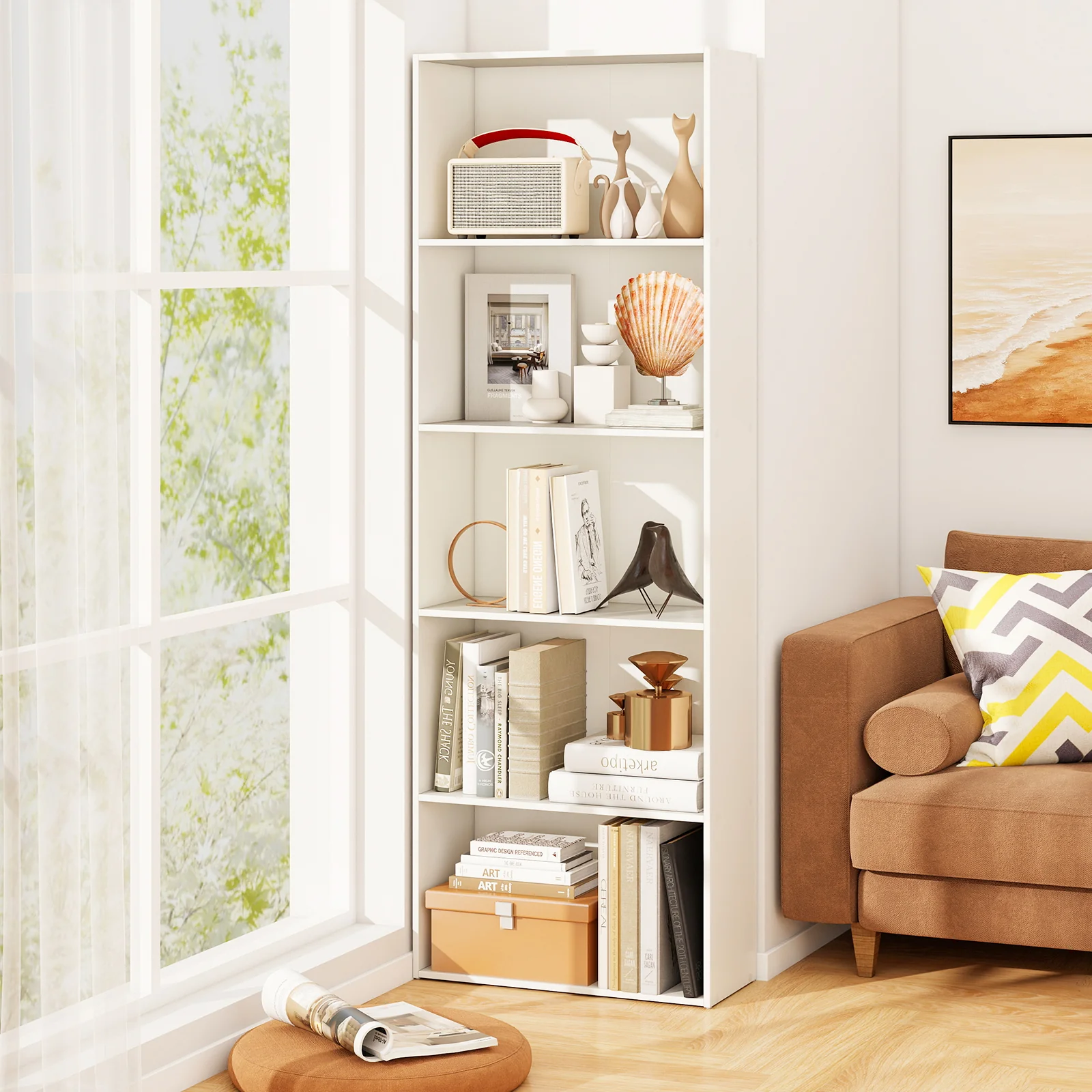 5-Shelf Storage Bookcase, Modern Display Cabinet, White - Image 3