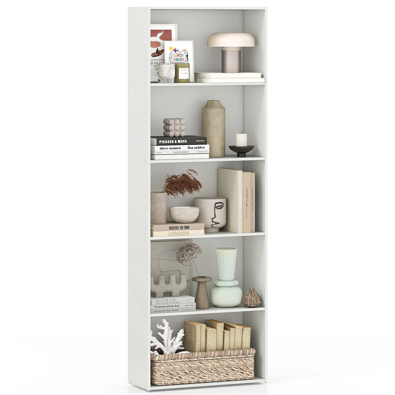5-Shelf Storage Bookcase, Modern Display Cabinet, White - Image 5