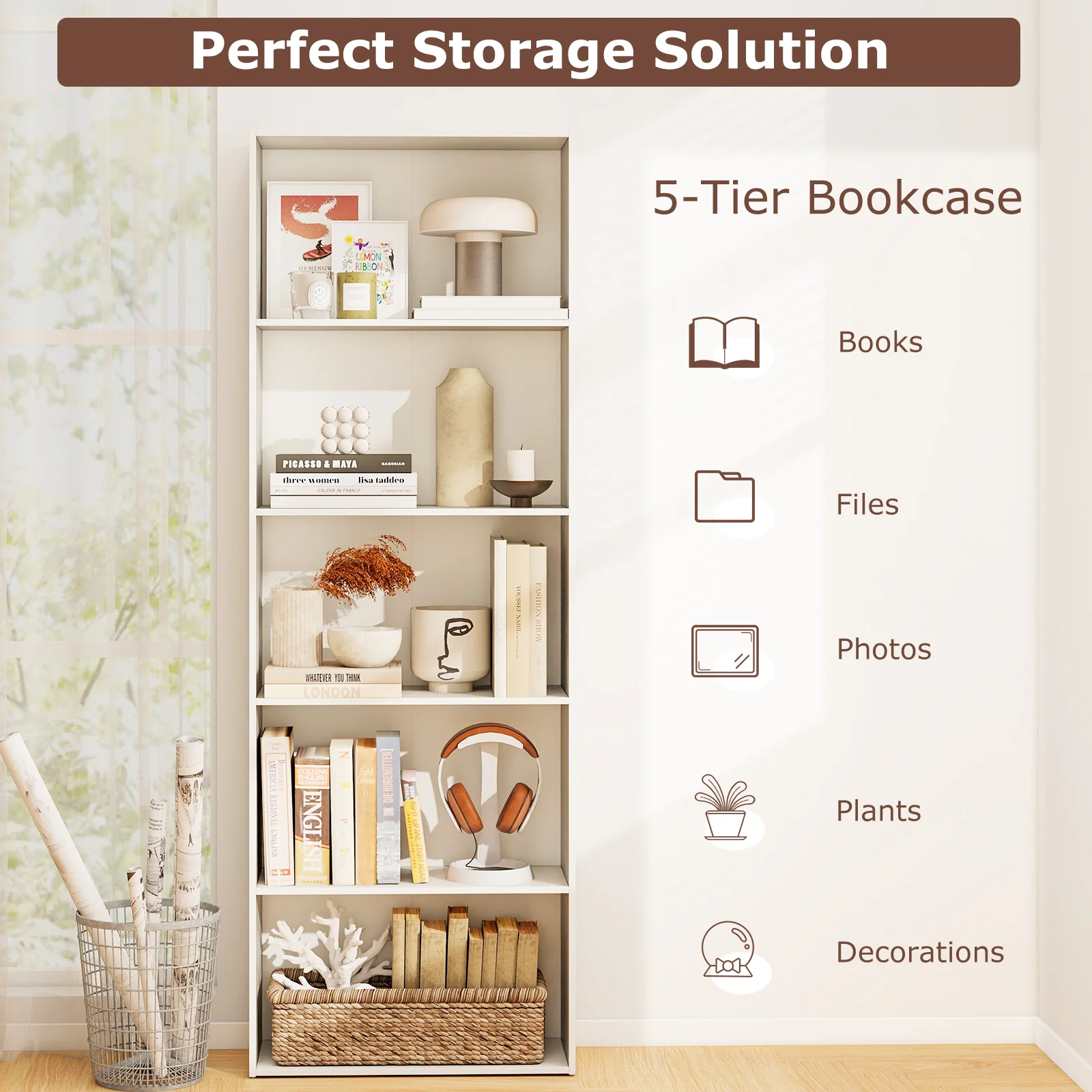 5-Shelf Storage Bookcase, Modern Display Cabinet, White - Image 8