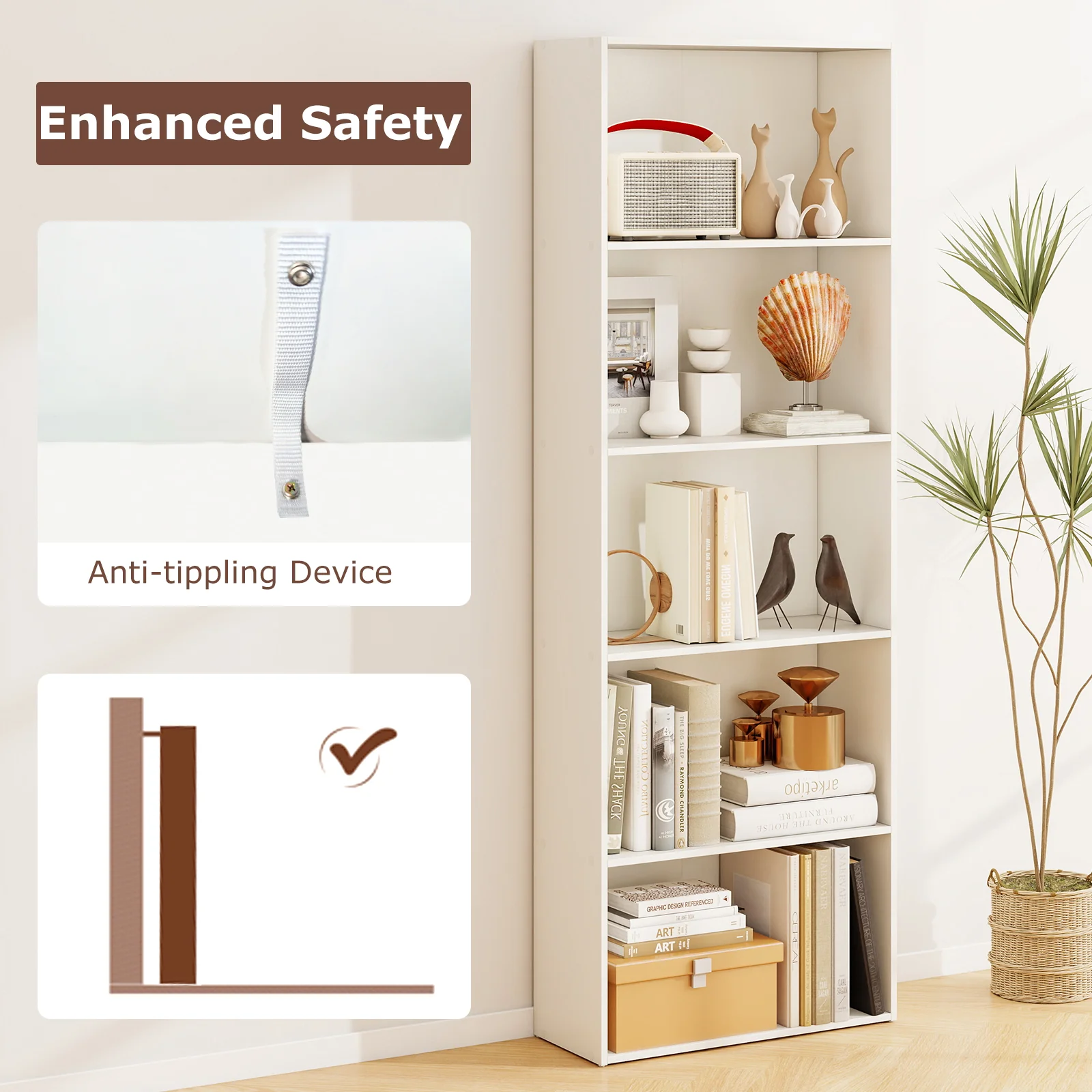 5-Shelf Storage Bookcase, Modern Display Cabinet, White - Image 9