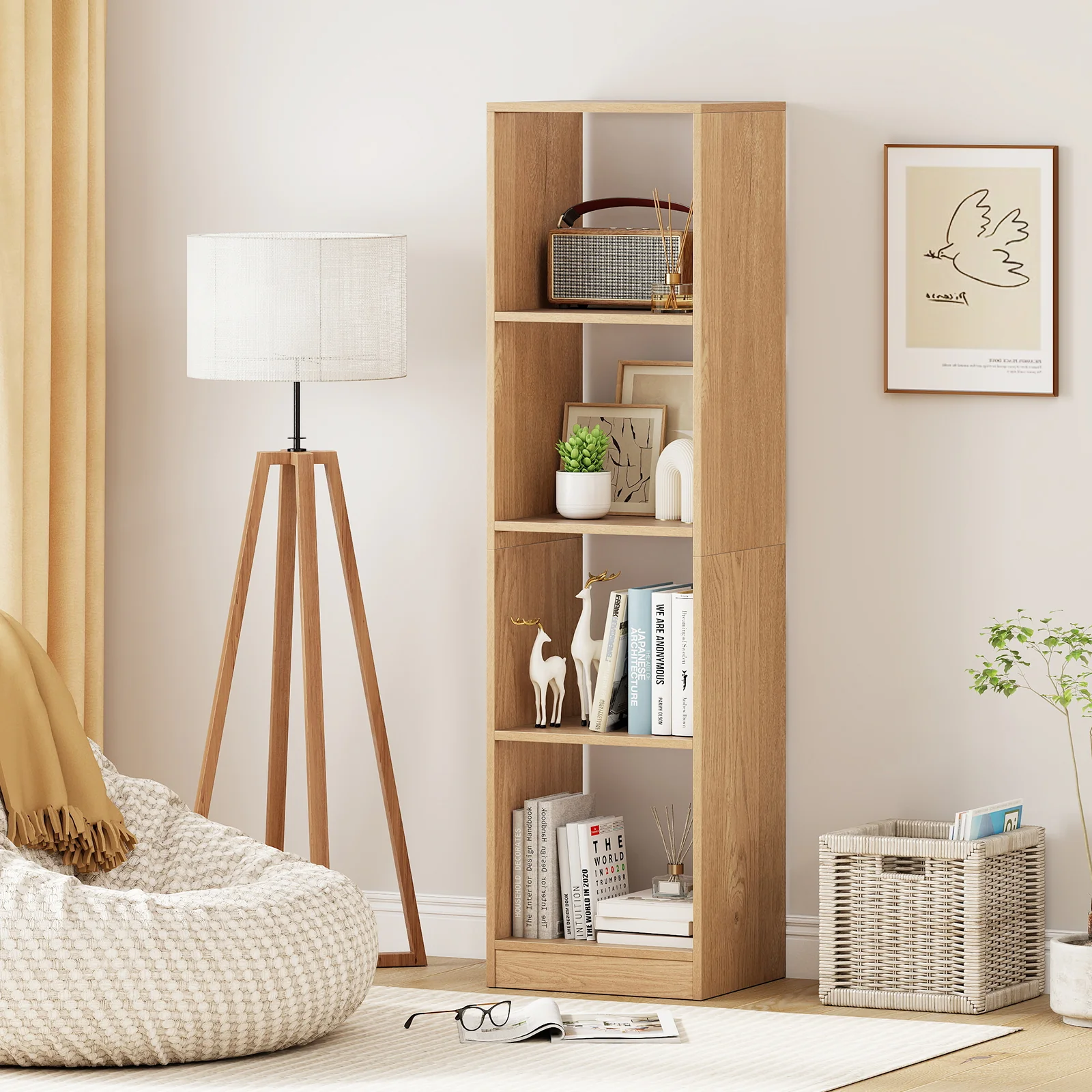 5-Tier 4-Cube Narrow Bookshelf, Anti-Tipping Kits, Natural - Image 2