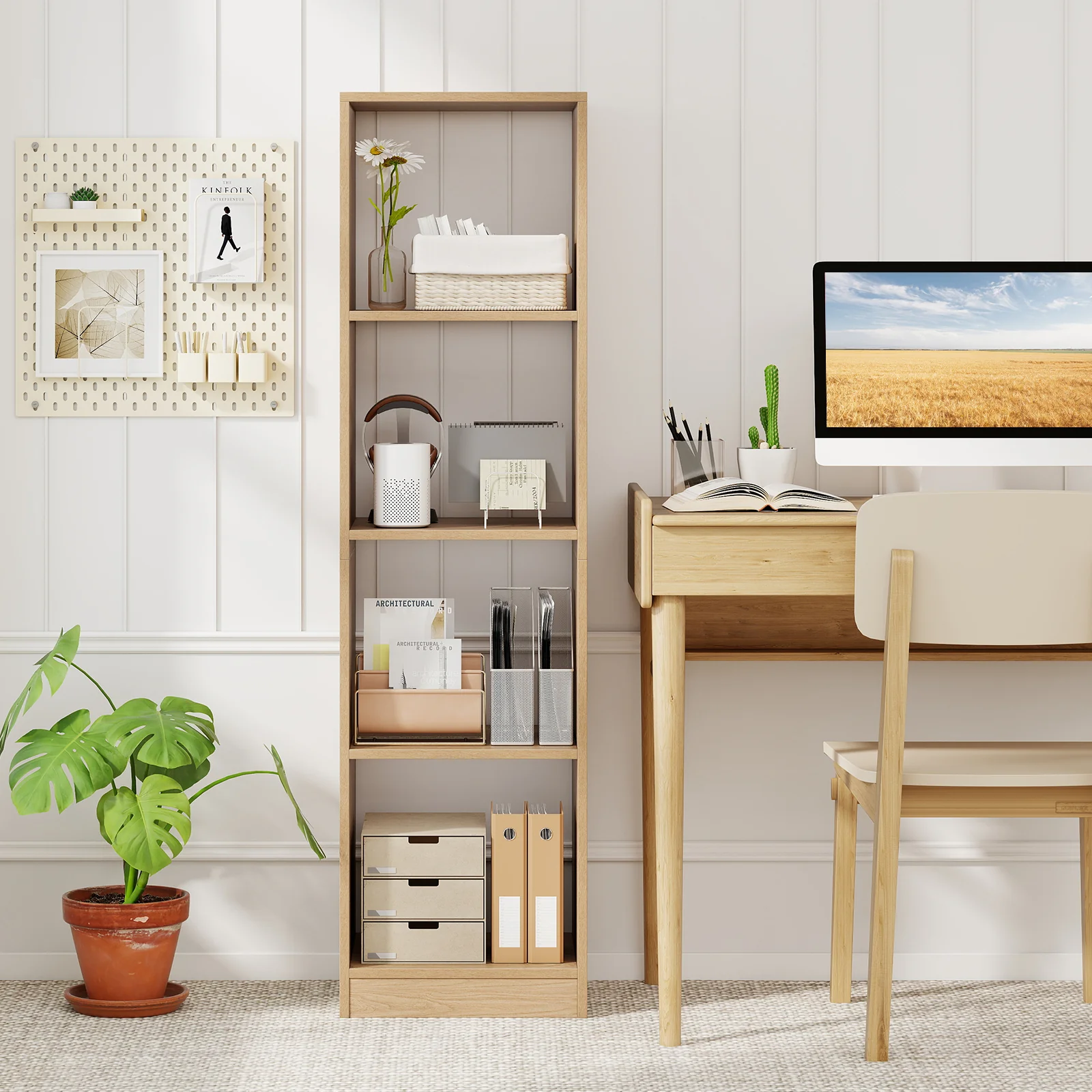 5-Tier 4-Cube Narrow Bookshelf, Anti-Tipping Kits, Natural - Image 3