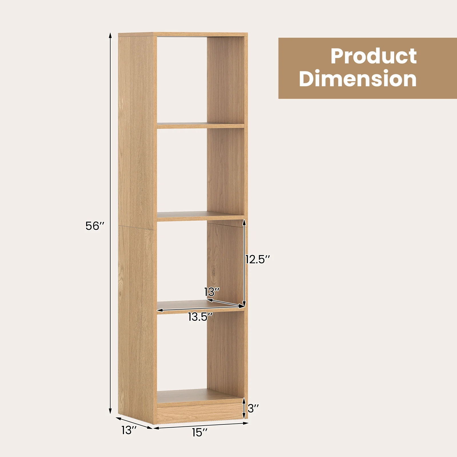 5-Tier 4-Cube Narrow Bookshelf, Anti-Tipping Kits, Natural - Image 6