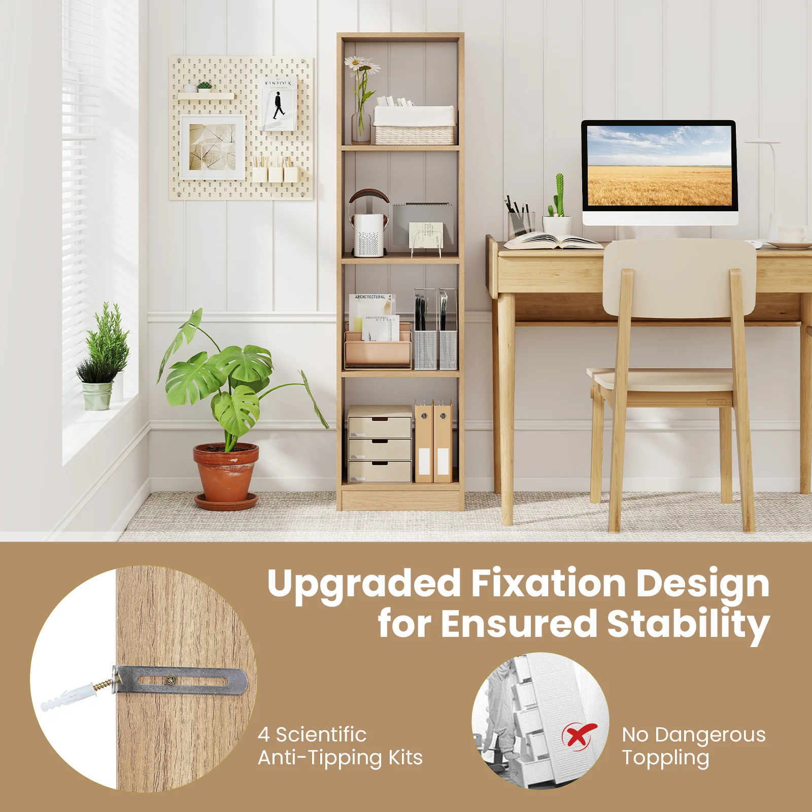 5-Tier 4-Cube Narrow Bookshelf, Anti-Tipping Kits, Natural - Image 8