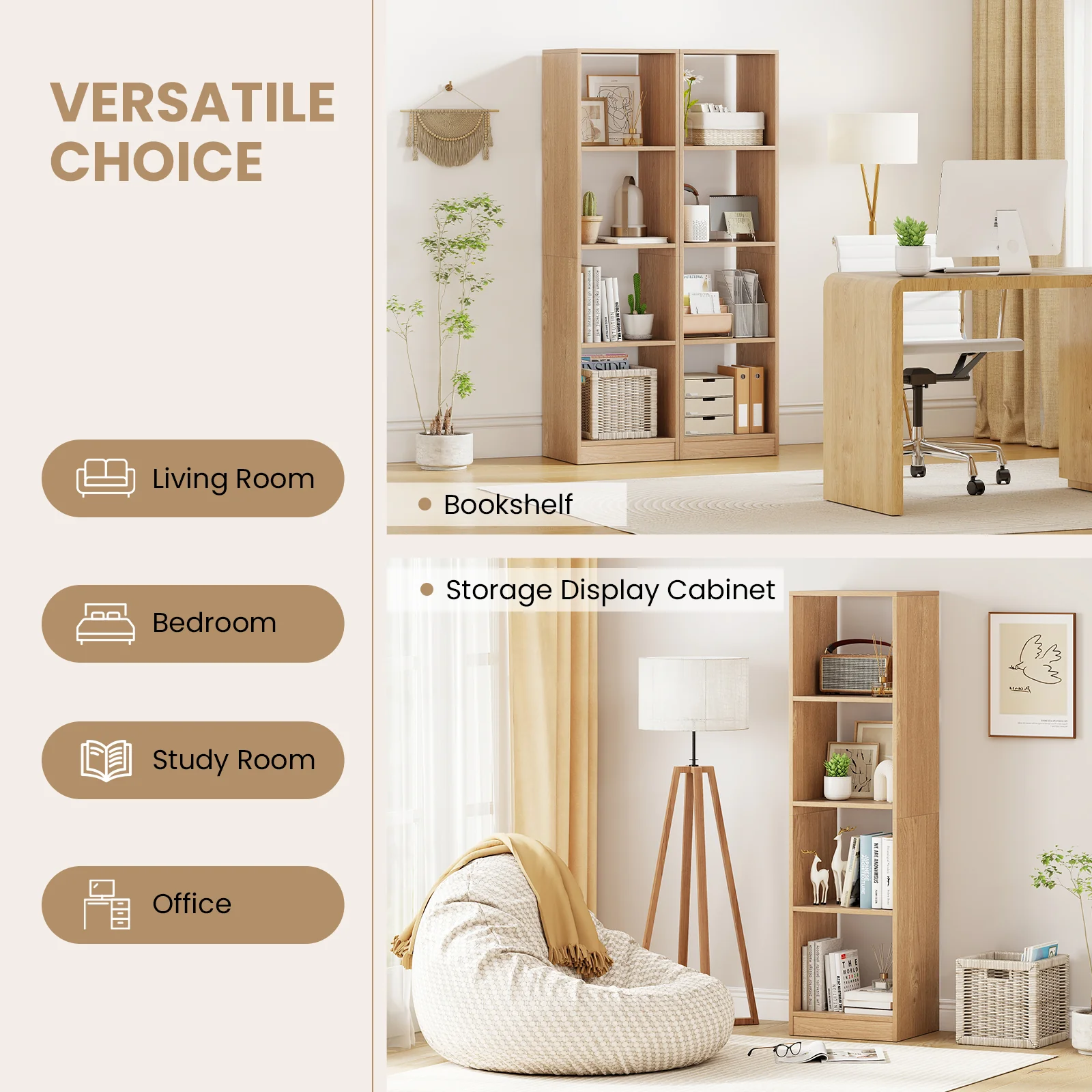 5-Tier 4-Cube Narrow Bookshelf, Anti-Tipping Kits, Natural - Image 9