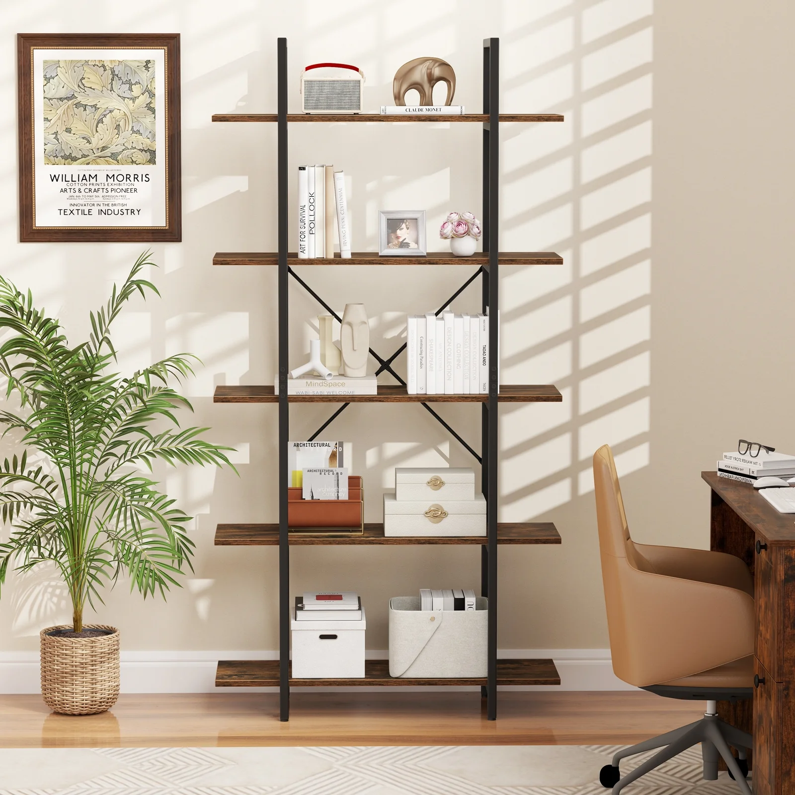 5-Tier 62 Inch Vintage Industrial Bookcase, Rustic Brown - Image 2