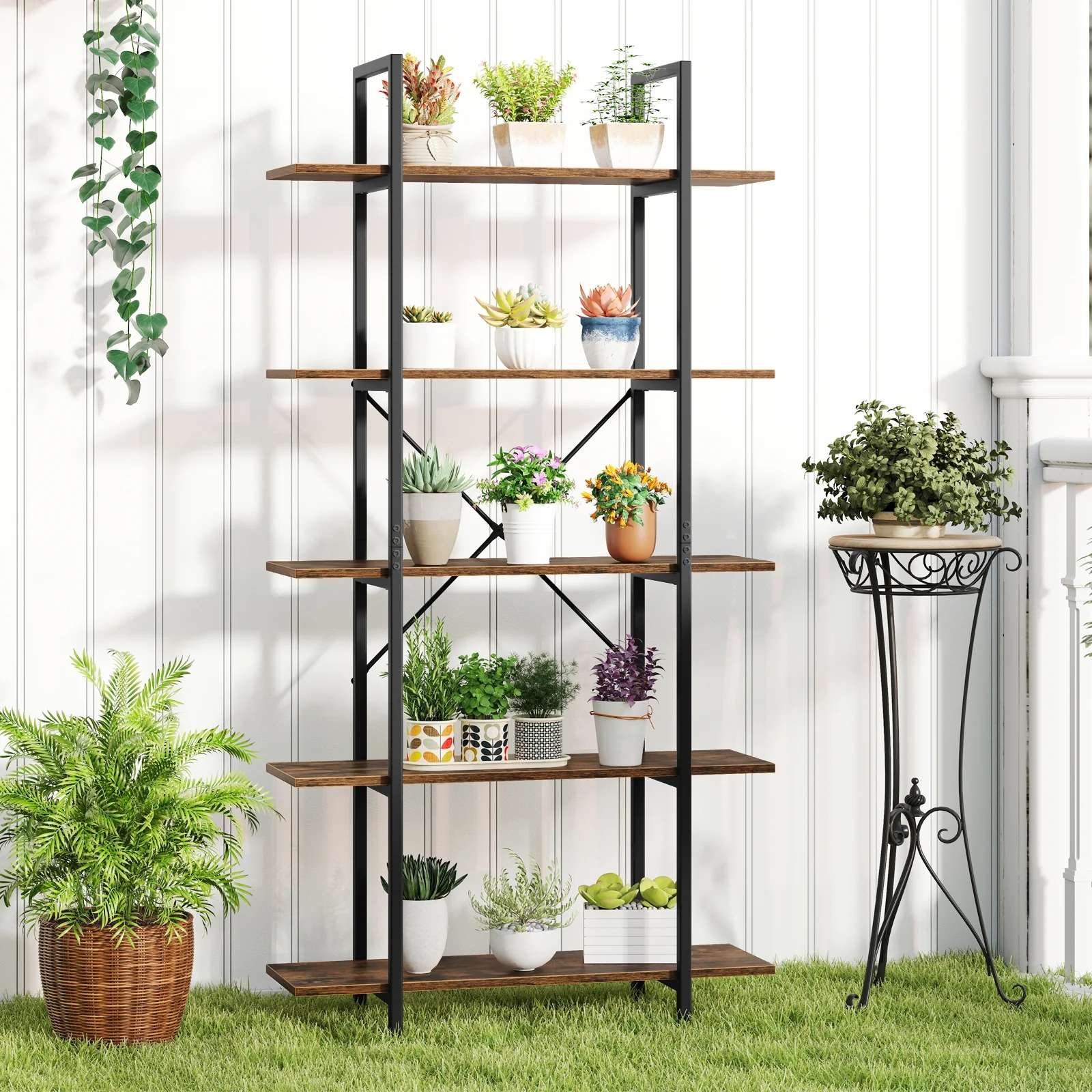 5-Tier 62 Inch Vintage Industrial Bookcase, Rustic Brown - Image 3