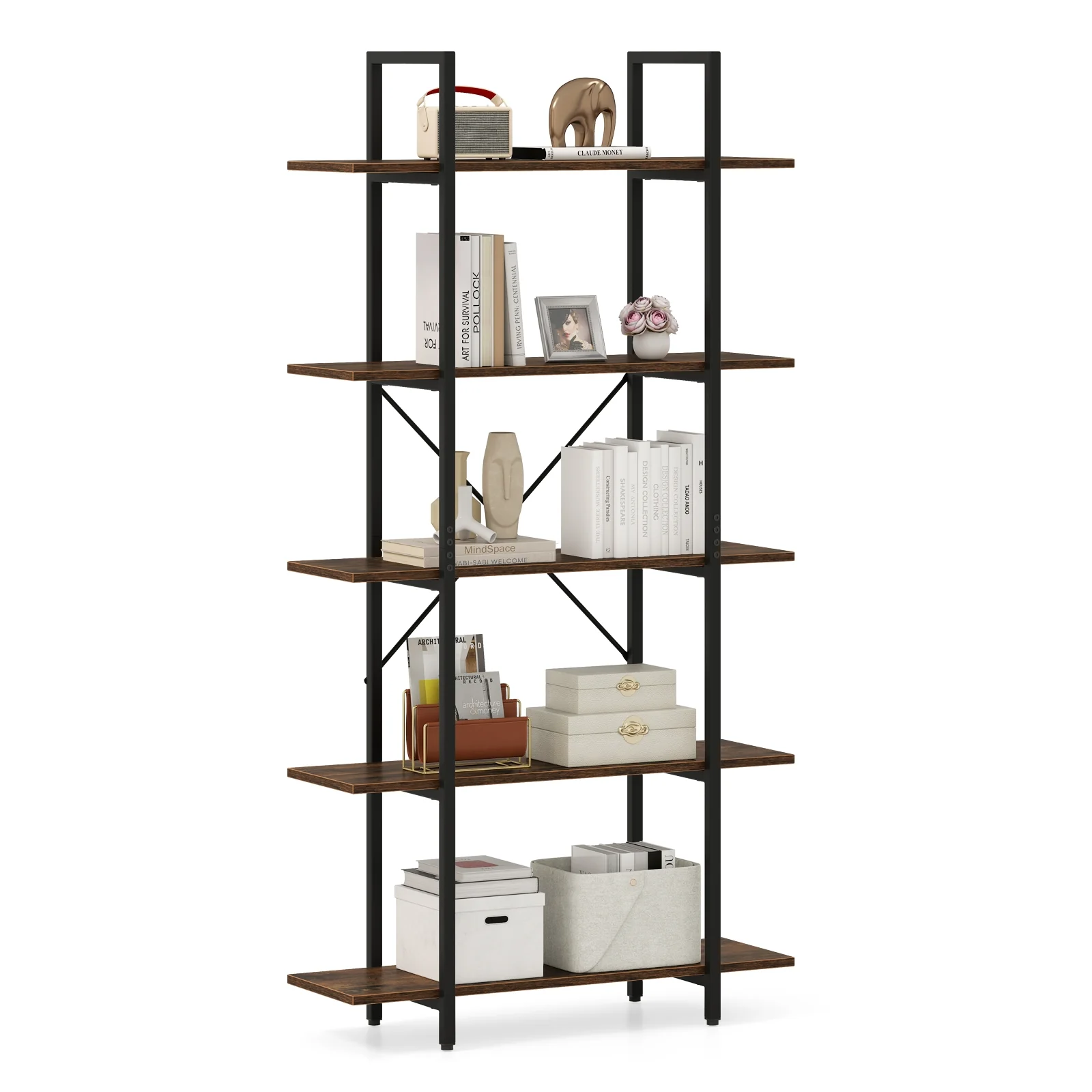 5-Tier 62 Inch Vintage Industrial Bookcase, Rustic Brown - Image 5