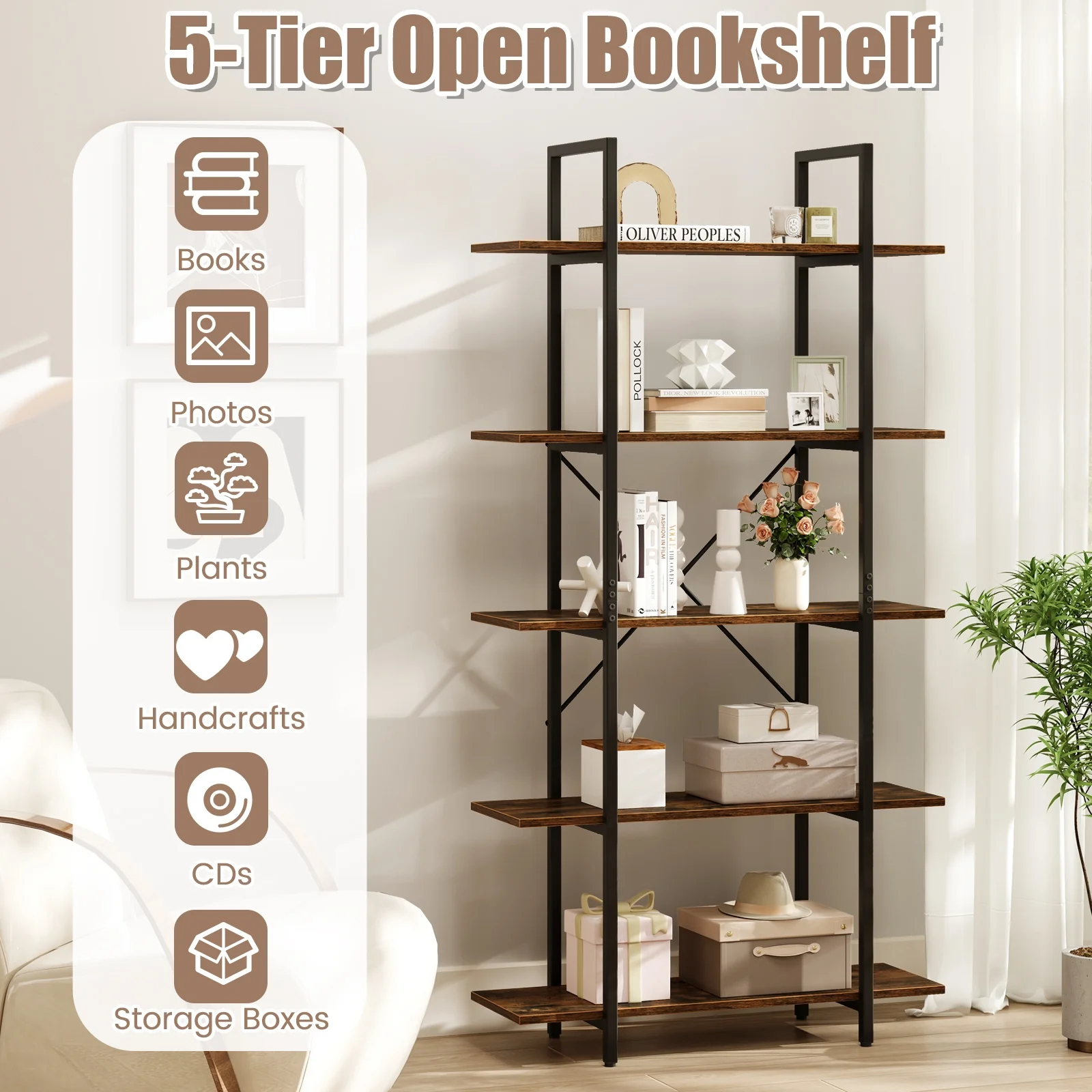 5-Tier 62 Inch Vintage Industrial Bookcase, Rustic Brown - Image 9
