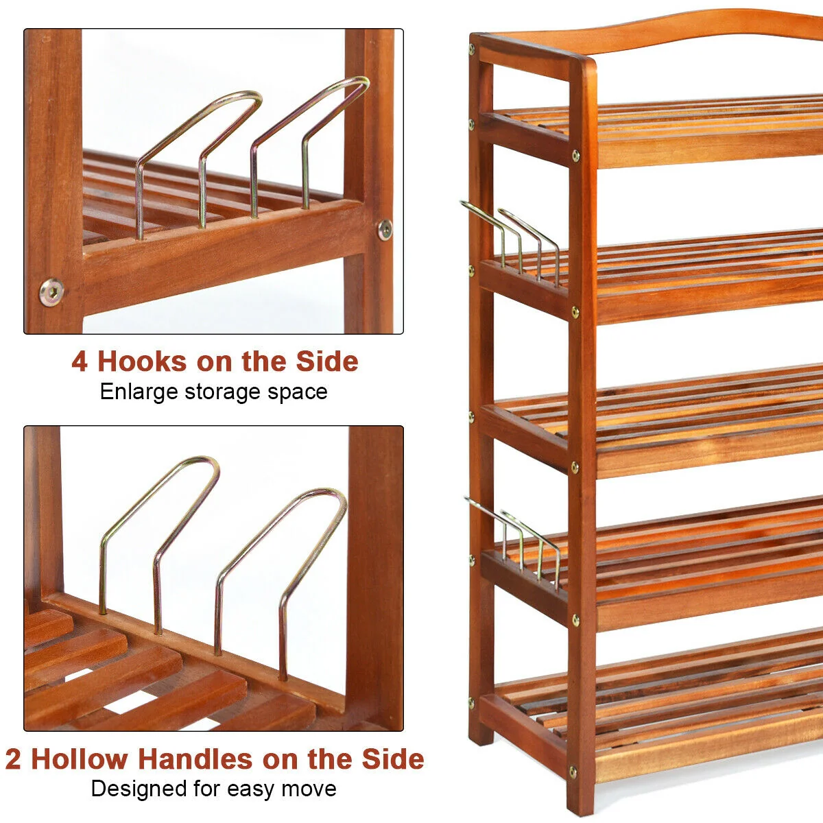 5-Tier Acacia Wood Shoe Rack With Side Metal Hooks, Natural - Image 10