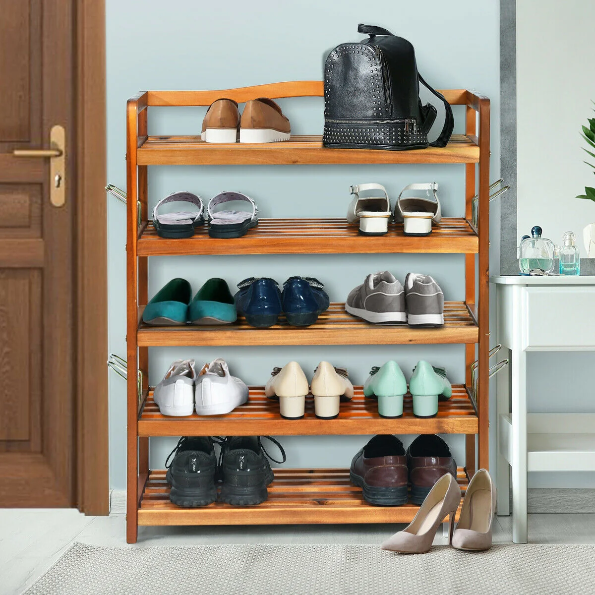 5-Tier Acacia Wood Shoe Rack With Side Metal Hooks, Natural - Image 2
