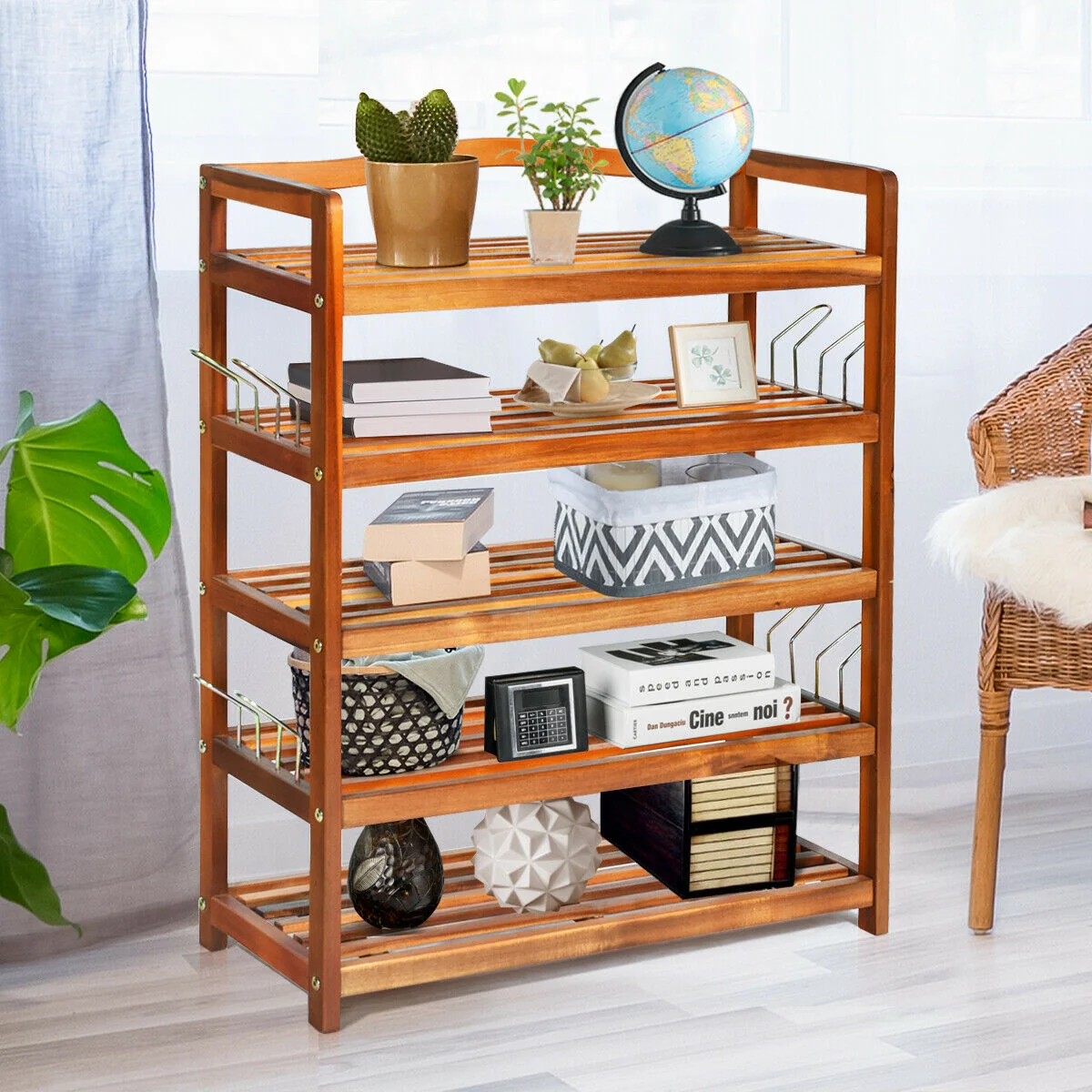 5-Tier Acacia Wood Shoe Rack With Side Metal Hooks, Natural - Image 3
