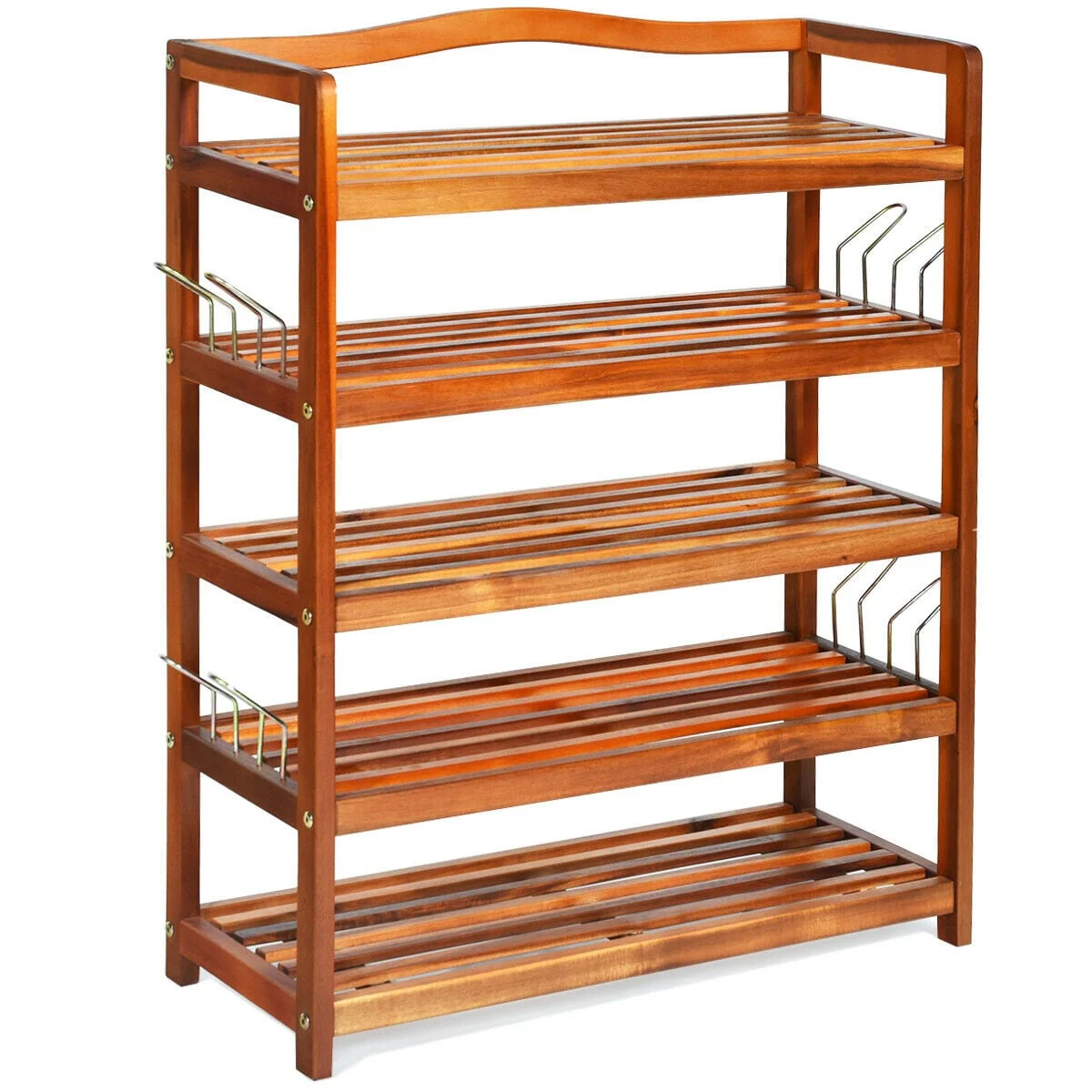5-Tier Acacia Wood Shoe Rack With Side Metal Hooks, Natural - Image 4